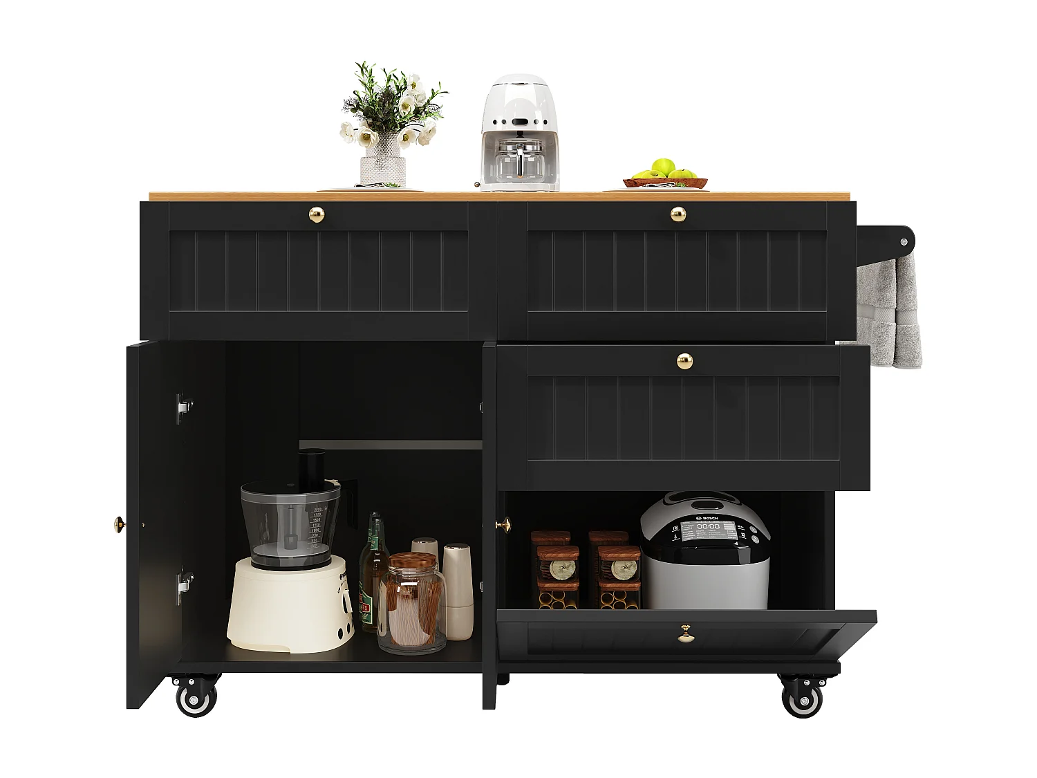 Ilha de cozinha móvel - tampo extensível - 3 gavetas e 2 portas - 1 porta basculante - com suporte para toalhas - MDF - preto + natural