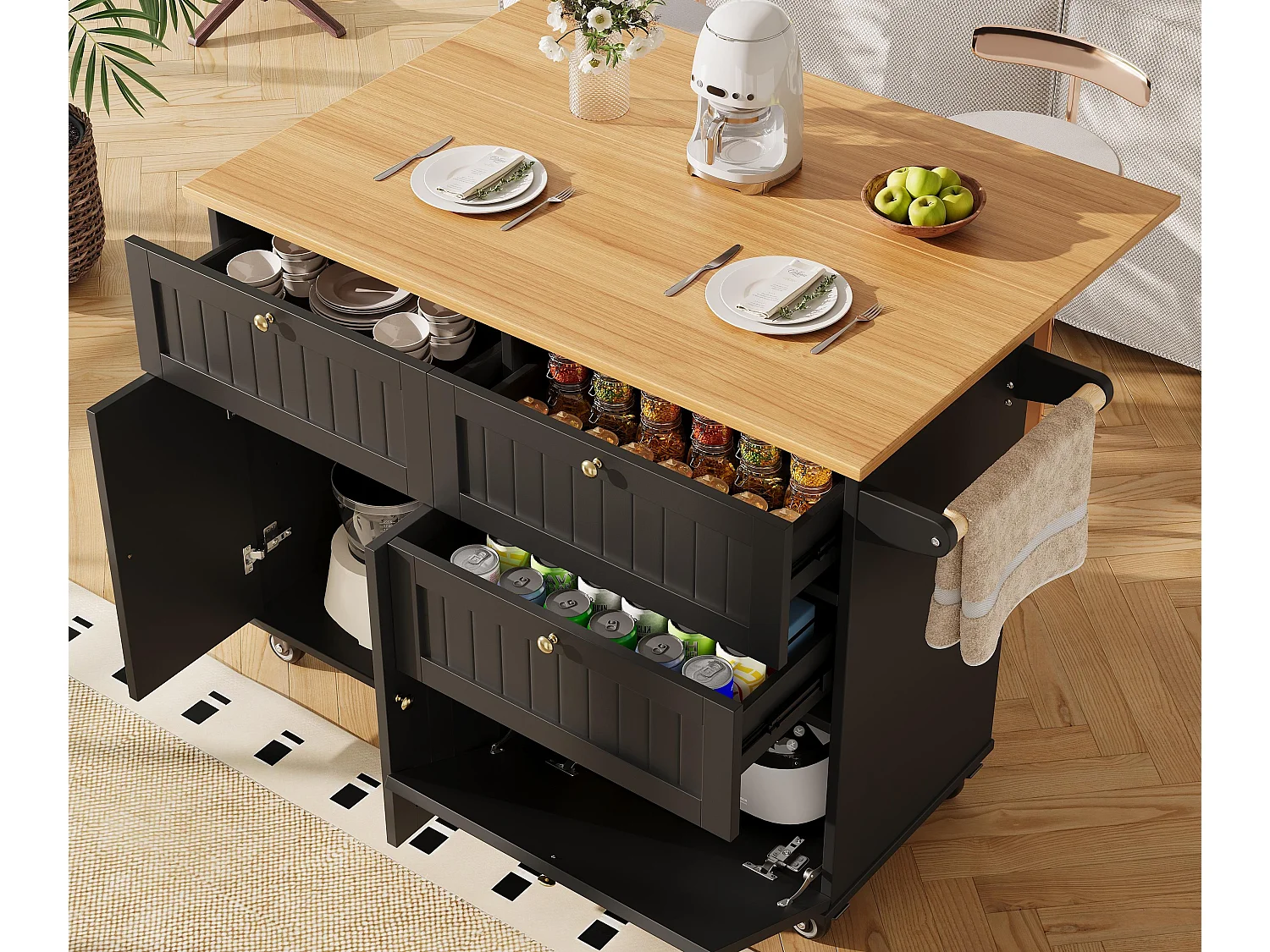 Ilot central de cuisine mobile - plateau extensible - 3 tiroirs et 2 portes - 1 porte abattante - avec porte-serviettes - MDF - noir + naturel