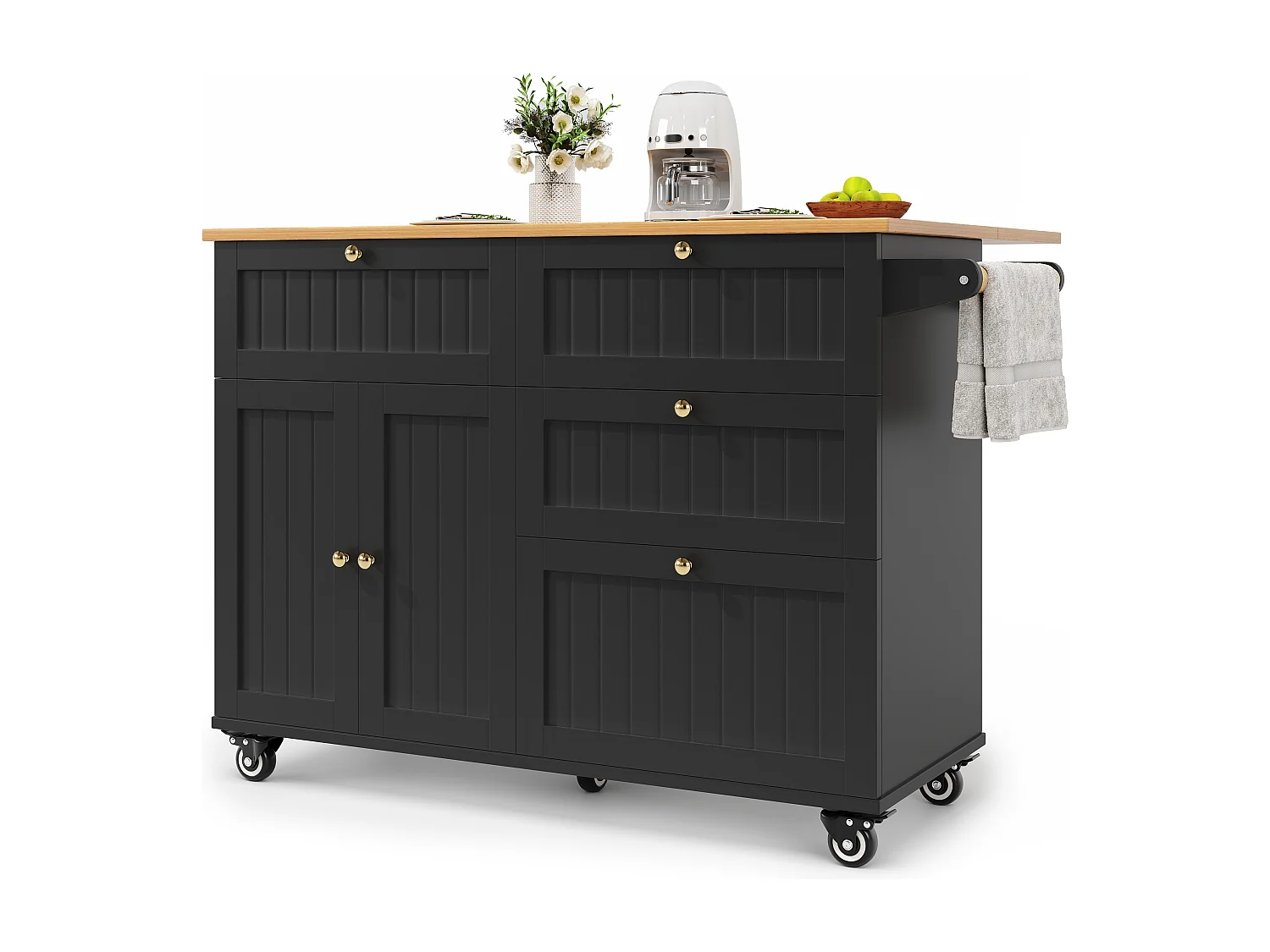 Ilot central de cuisine mobile - plateau extensible - 3 tiroirs et 2 portes - 1 porte abattante - avec porte-serviettes - MDF - noir + naturel