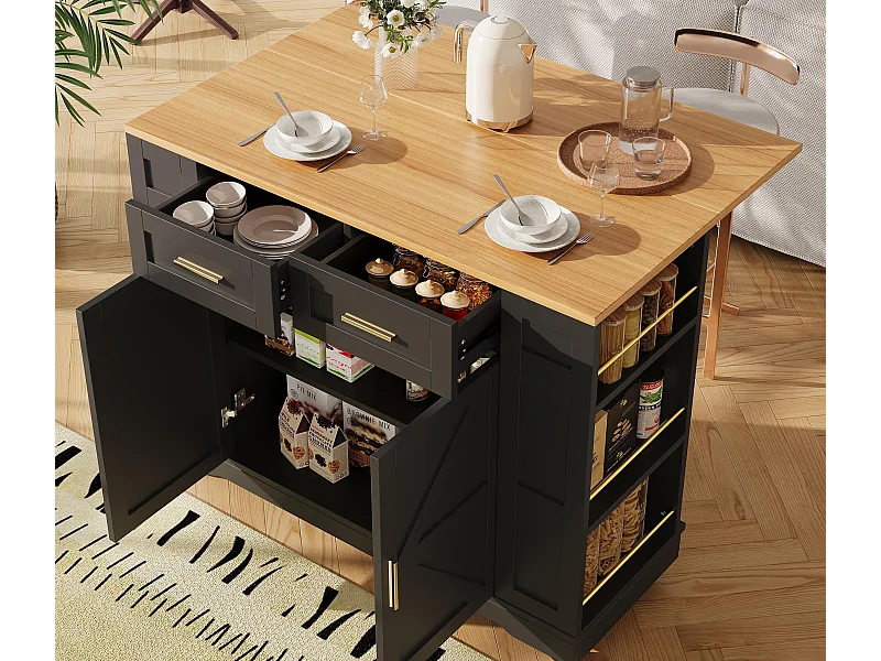 Ilot central de cuisine mobile - plateau extensible - 2 tiroirs et 2 portes - avec étagères ouvertes - MDF - noir + naturel