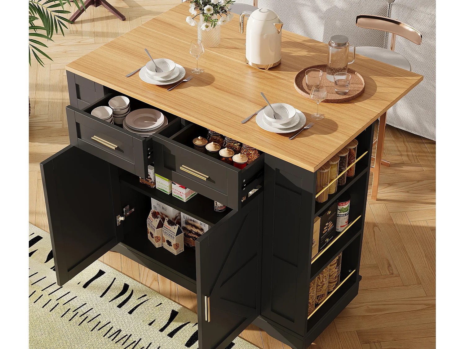 Ilot central de cuisine mobile - plateau extensible - 2 tiroirs et 2 portes - avec étagères ouvertes - MDF - noir + naturel