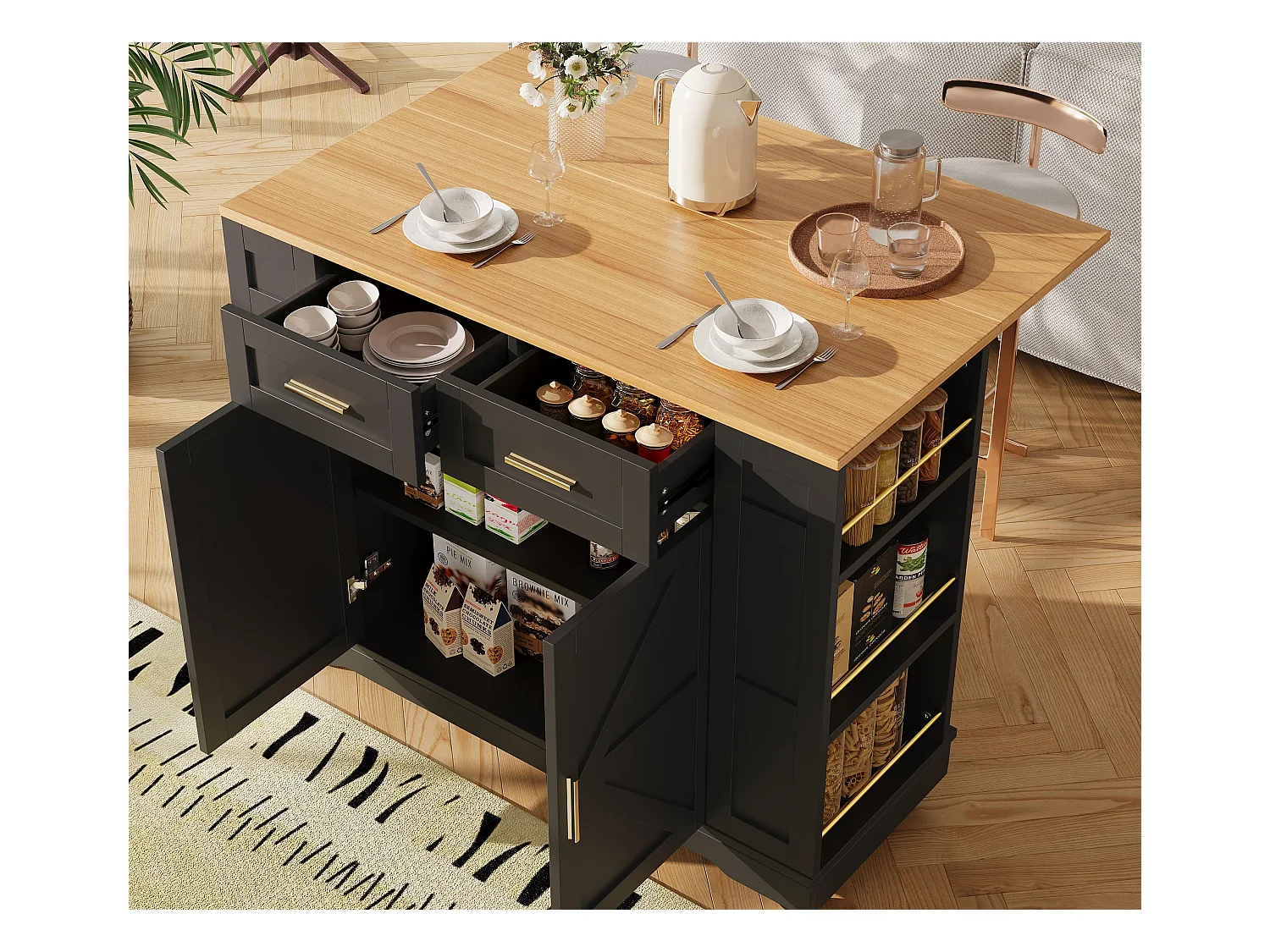 Ilot central de cuisine mobile - plateau extensible - 2 tiroirs et 2 portes - avec étagères ouvertes - MDF - noir + naturel