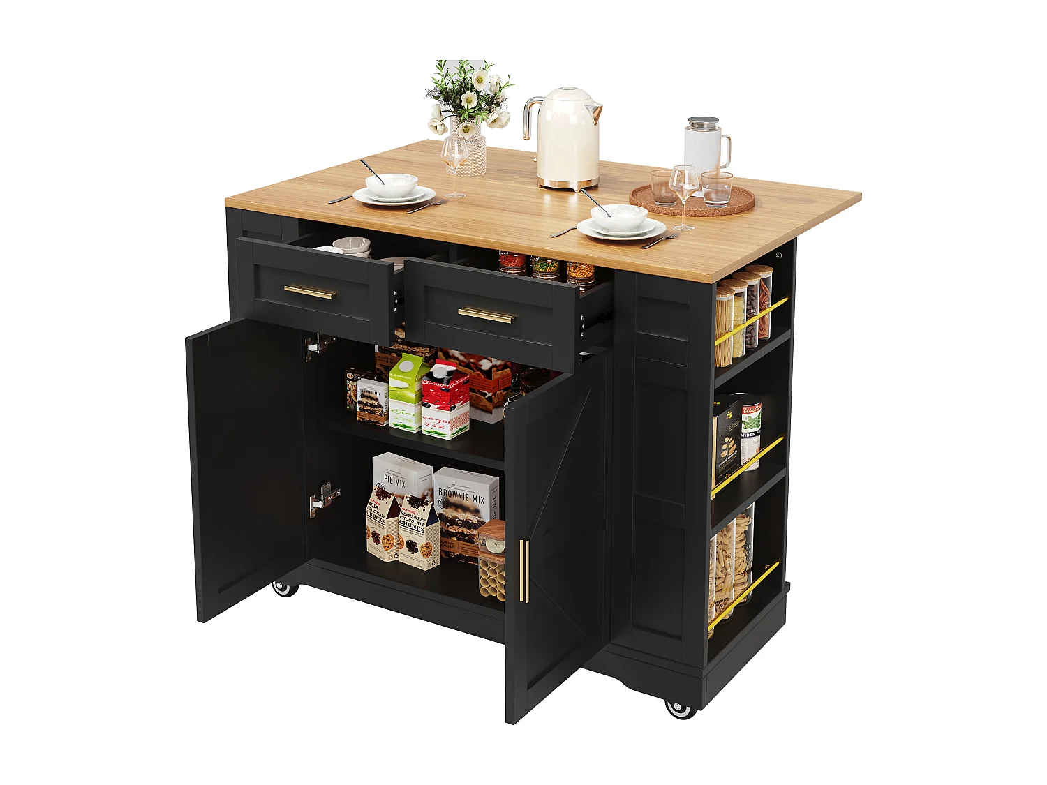 Ilot central de cuisine mobile - plateau extensible - 2 tiroirs et 2 portes - avec étagères ouvertes - MDF - noir + naturel