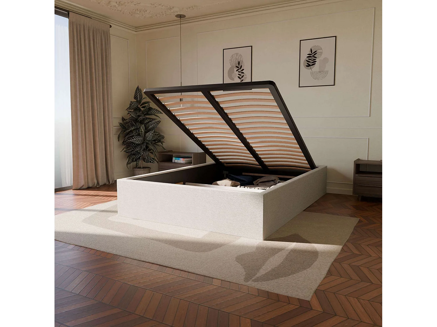 Pack lit coffre et matelas hybride 140x190 épais 26cm