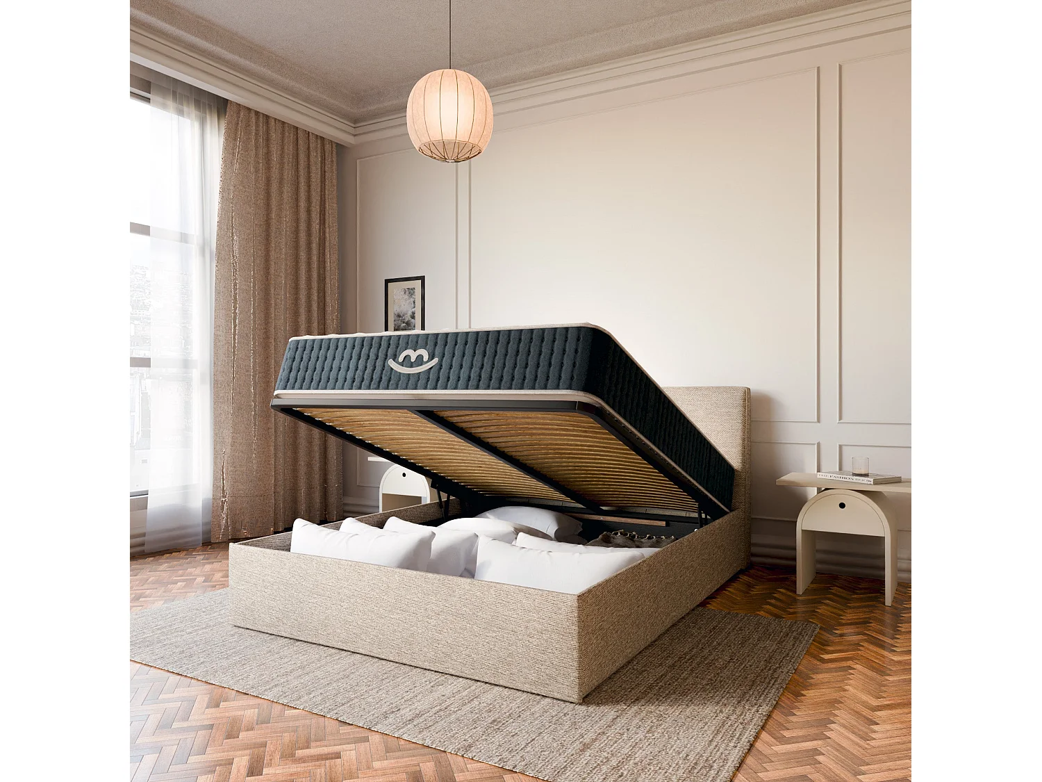Pack lit coffre et matelas hybride 160x200 épais 26cm