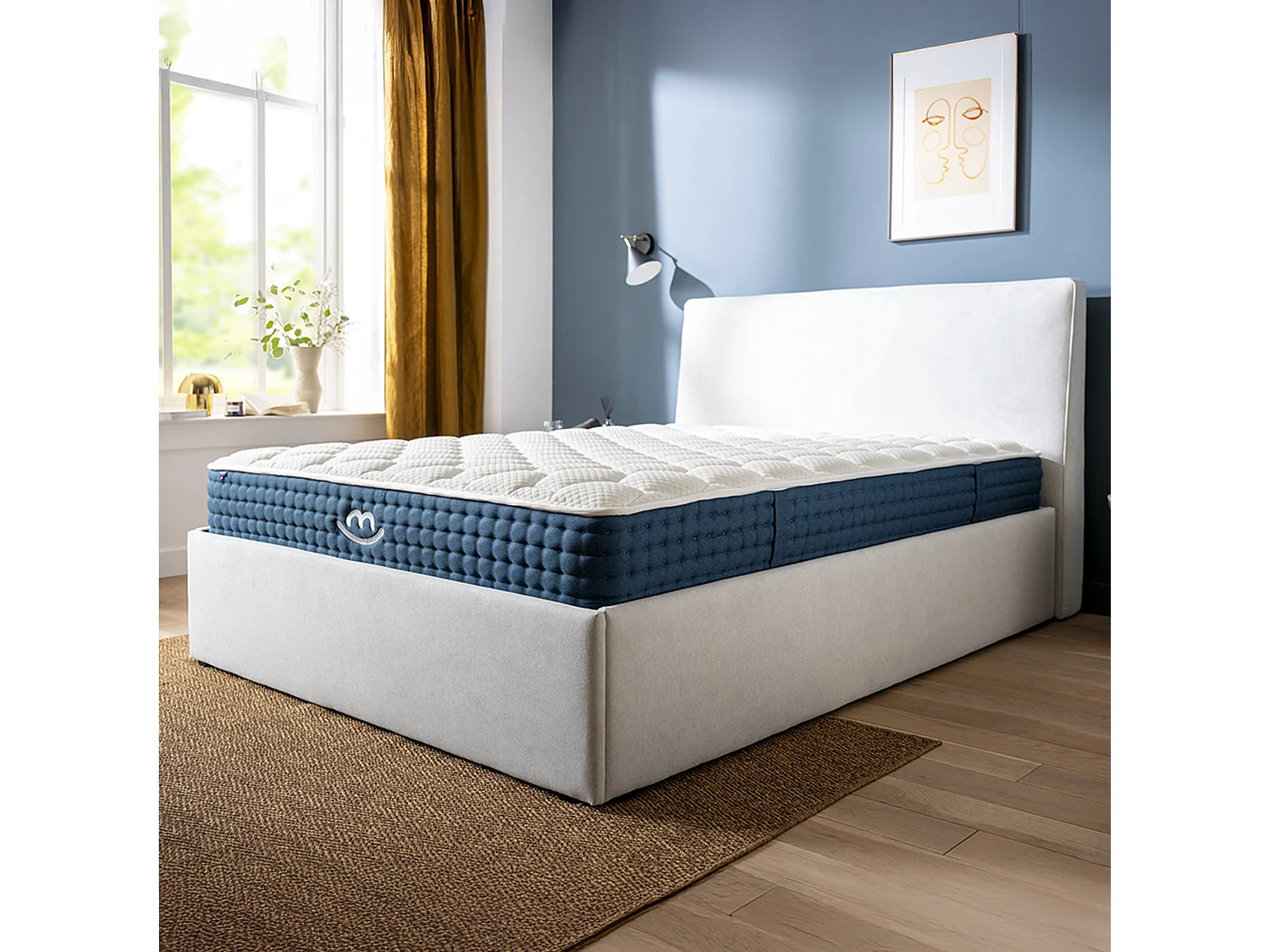 Pack lit coffre et matelas hybride 140x190 épais 26cm
