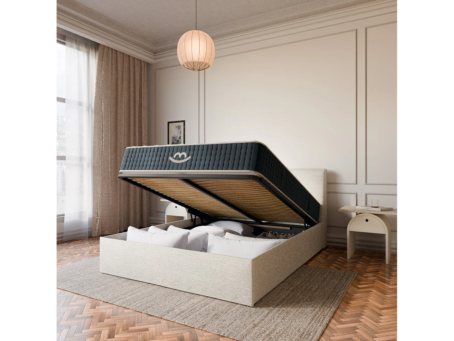 Pack lit coffre et matelas hybride 140x190 épais 26cm