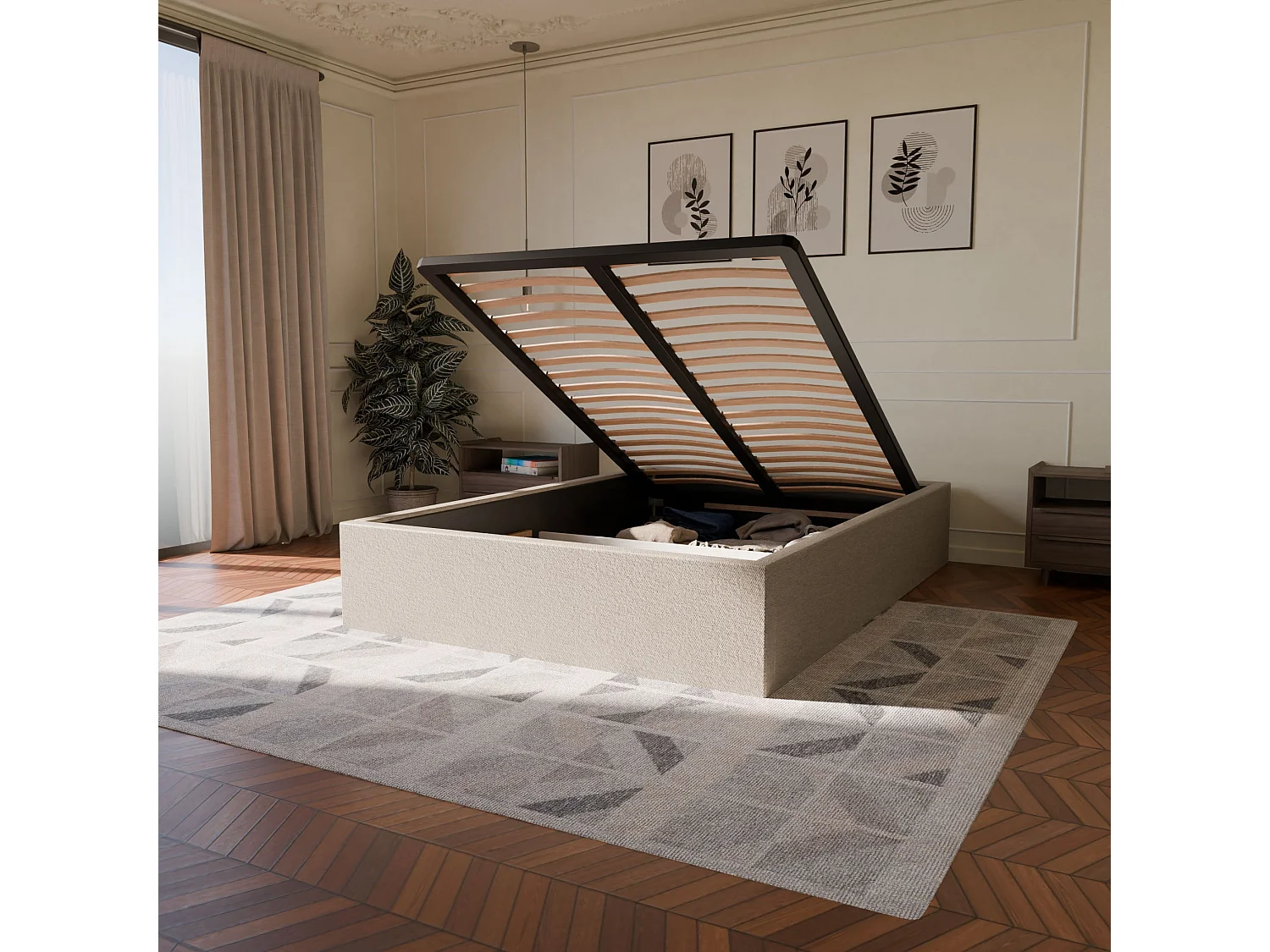 Pack lit coffre et matelas hybride 140x190 épais 26cm