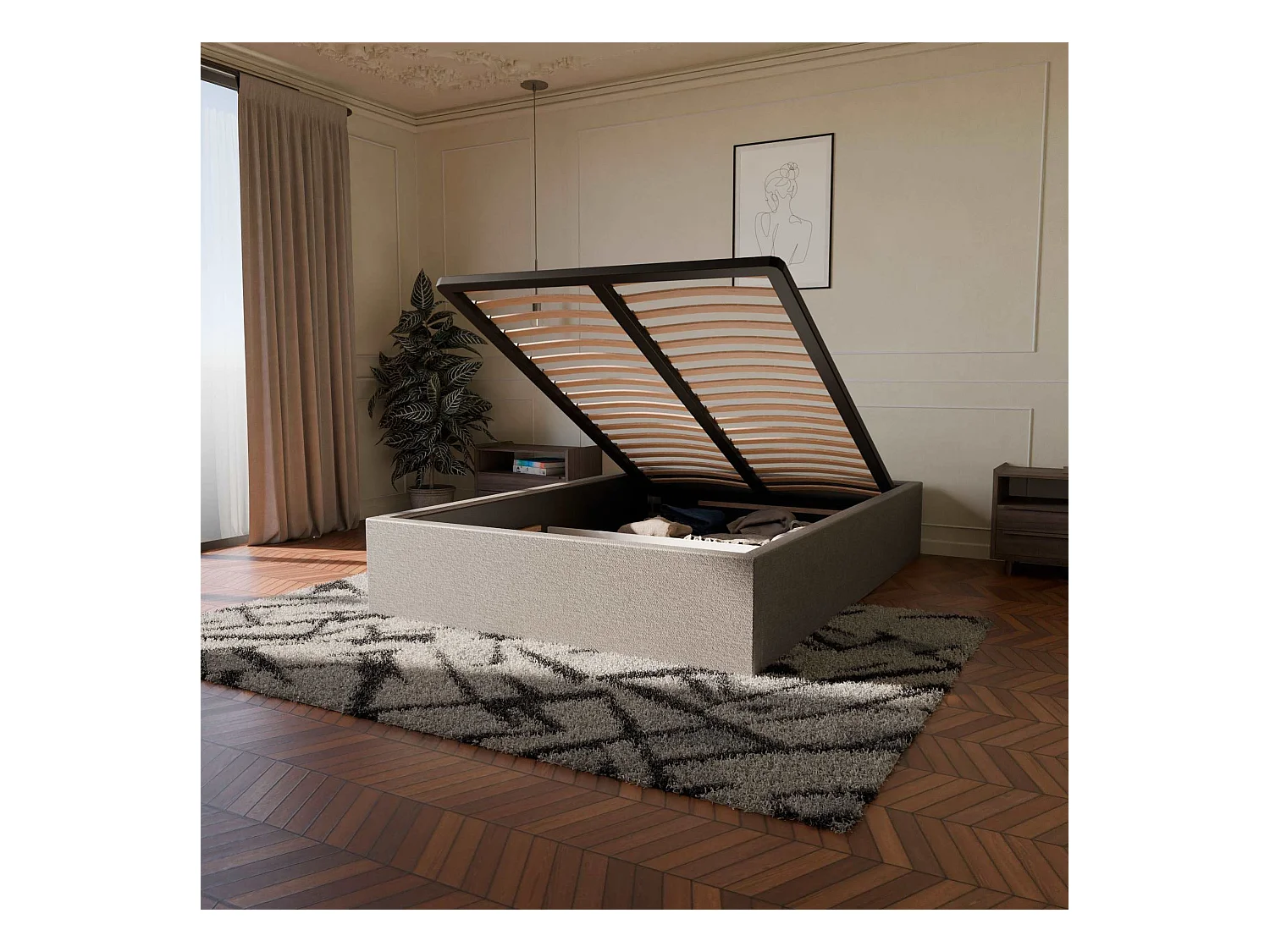 Pack lit coffre et matelas hybride 160x200 épais 26cm