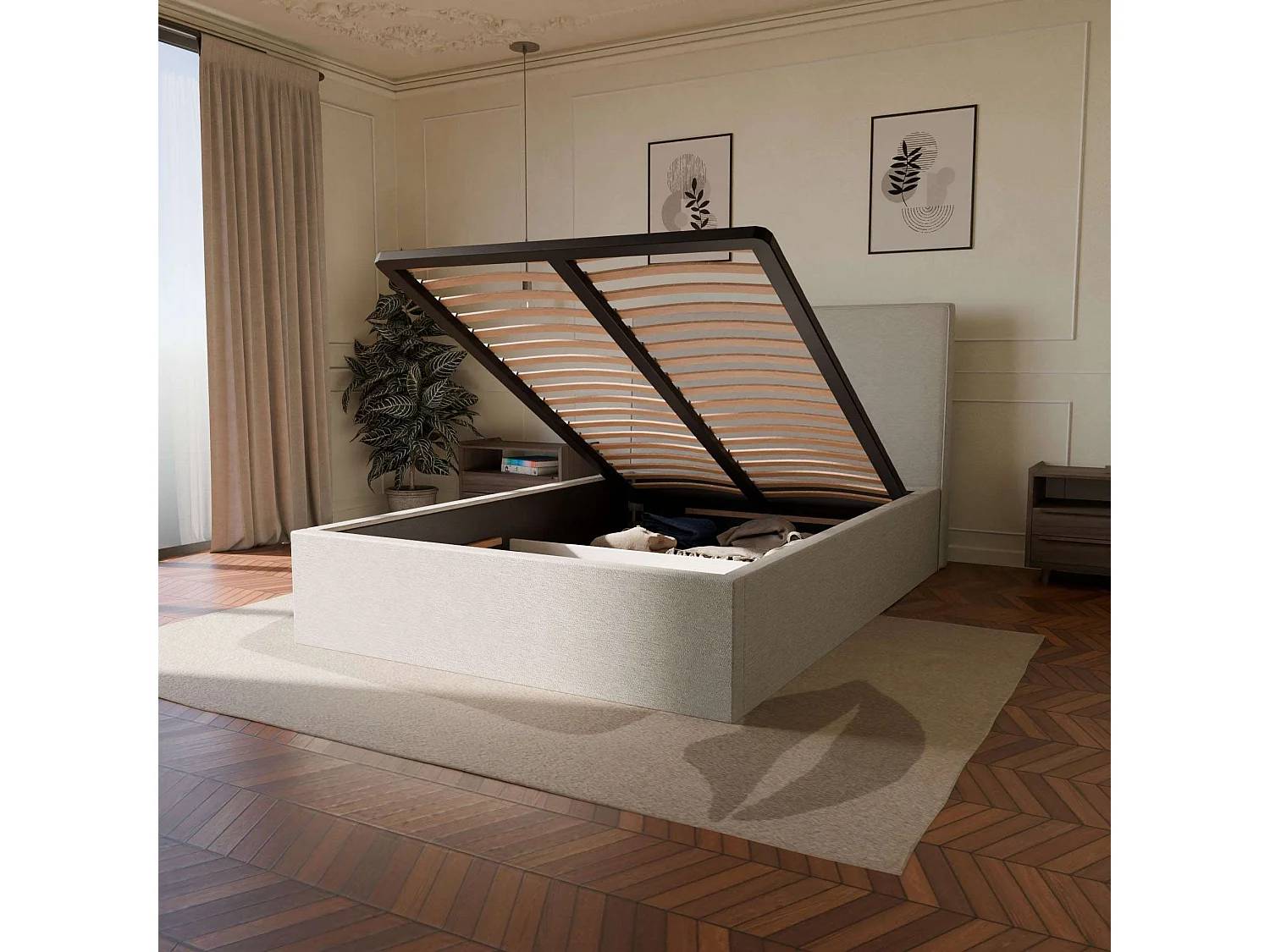 Lit coffre sans tête en tissu bouclé beige 140x190 cm