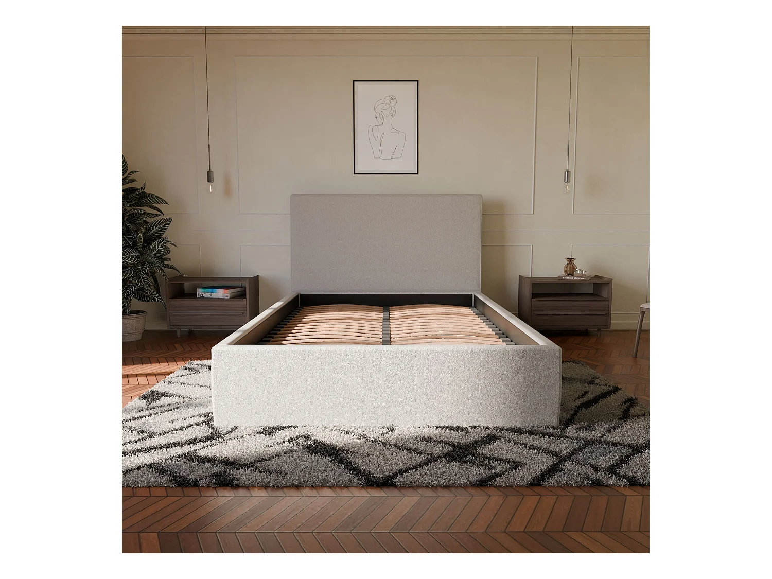 Lit coffre et tissu chiné blanc 140x190 cm