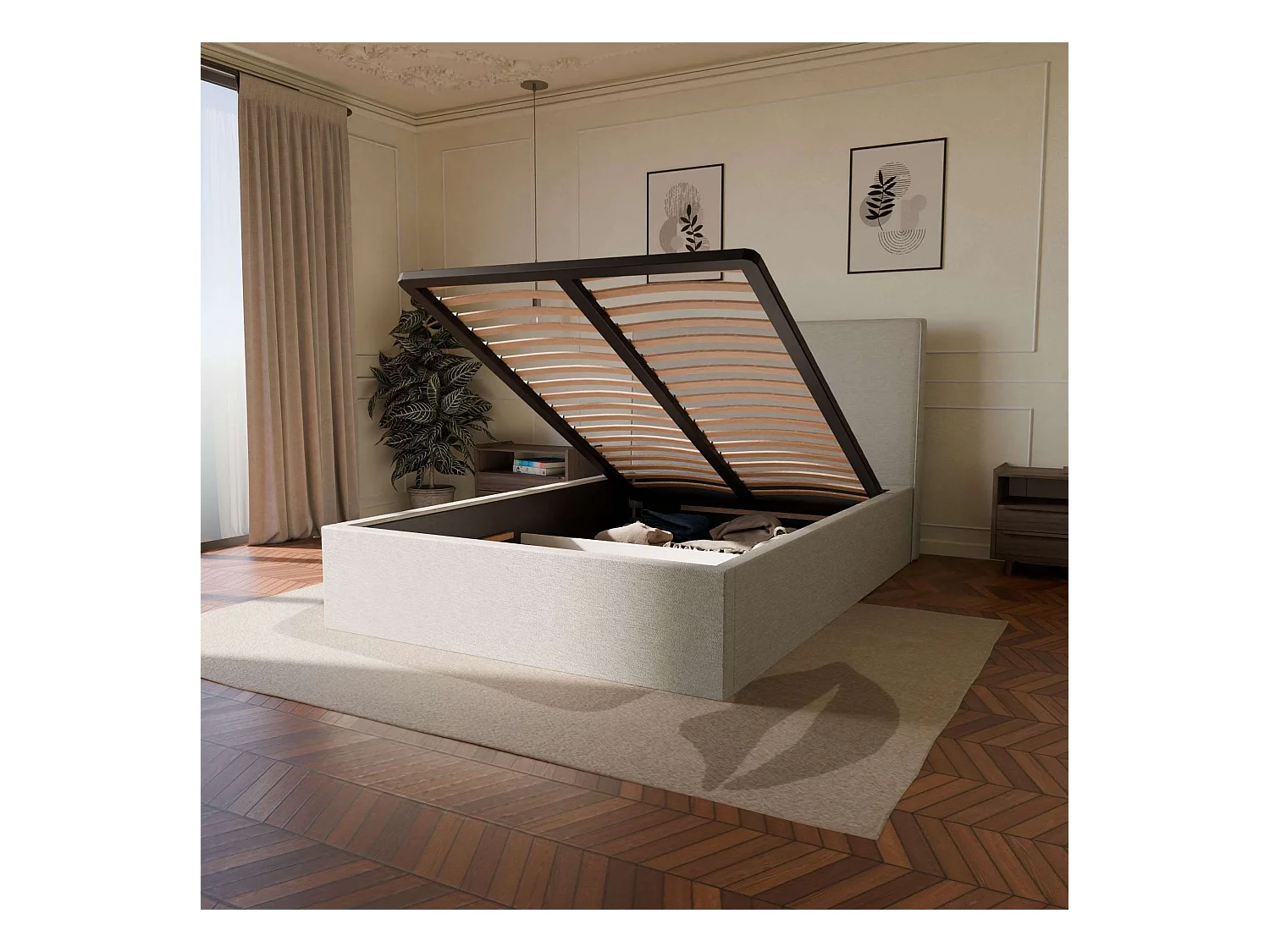 Lit coffre et tissu chiné blanc 140x190 cm