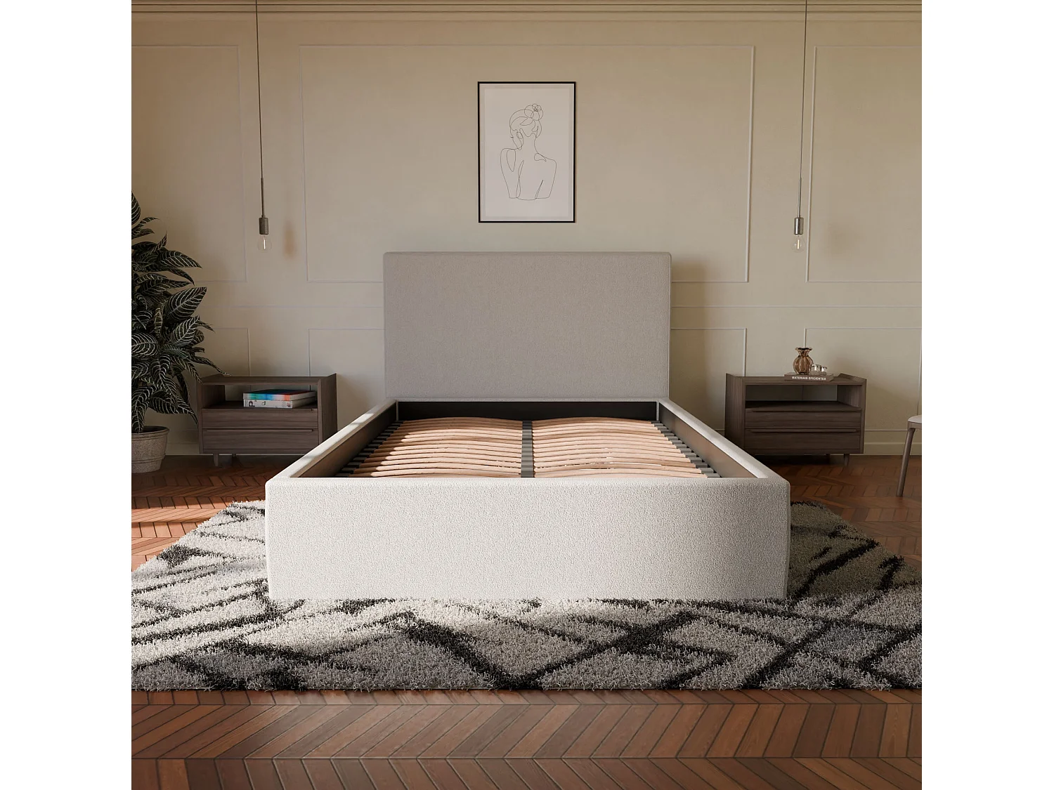 Lit coffre avec tête en tissu bouclé blanc 140x190 cm