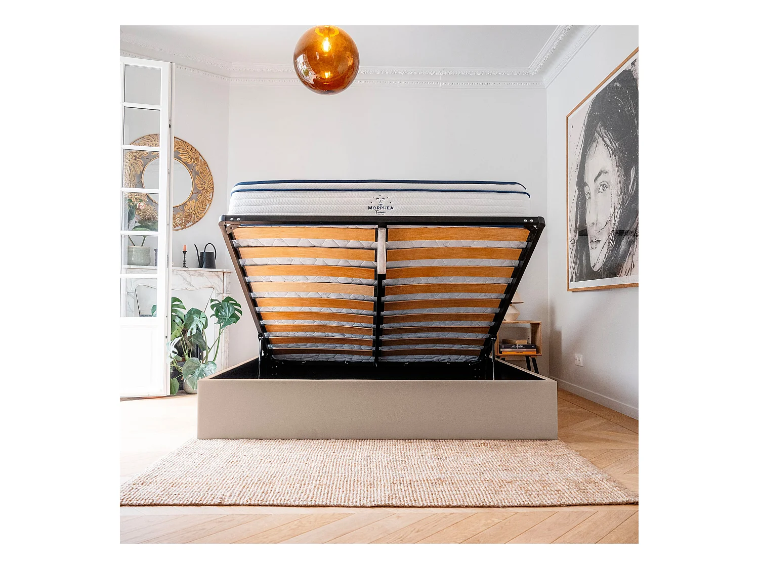 Lit coffre et tissu chiné anthracite 140x190 cm