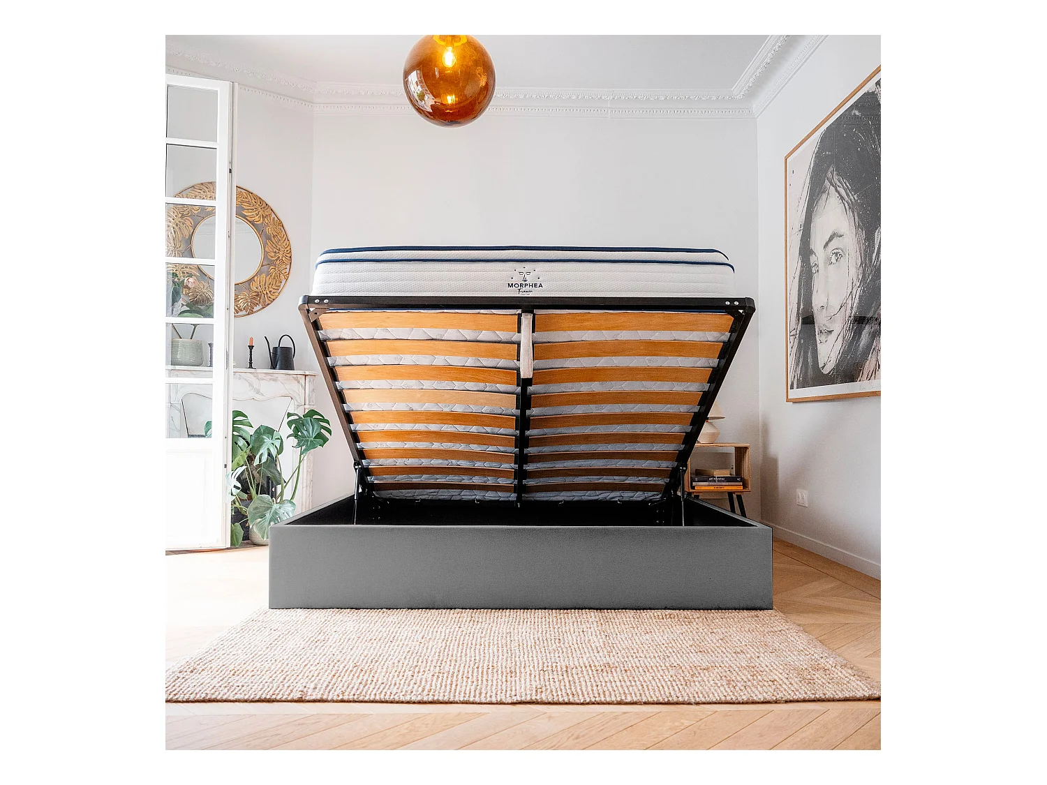 Lit coffre et tissu chiné blanc 140x190 cm