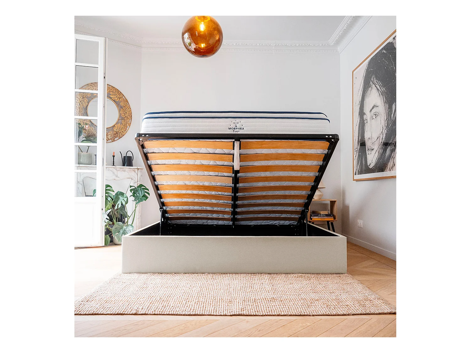 Lit coffre et tissu chiné beige 140x190 cm