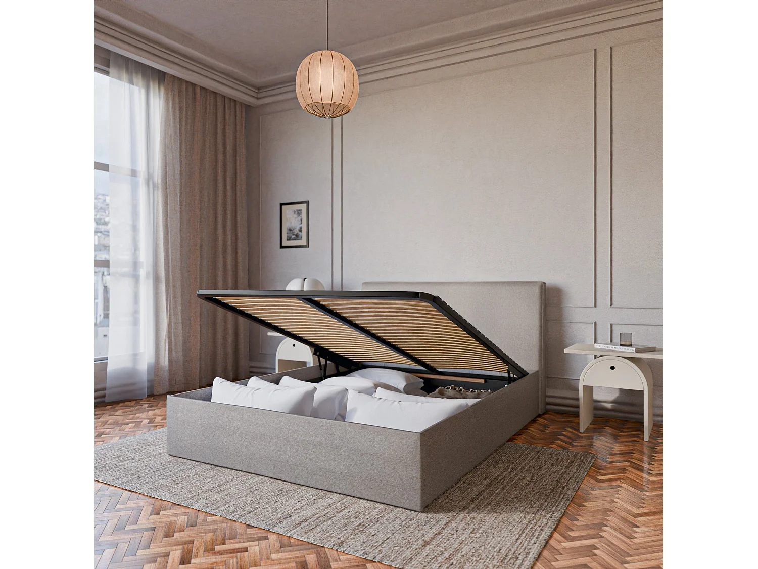 Lit coffre sans tête en tissu chiné blanc 160x200 cm