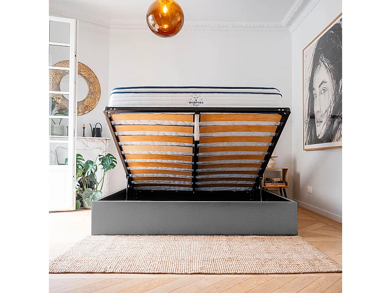 Lit coffre et tissu chiné blanc 160x200 cm