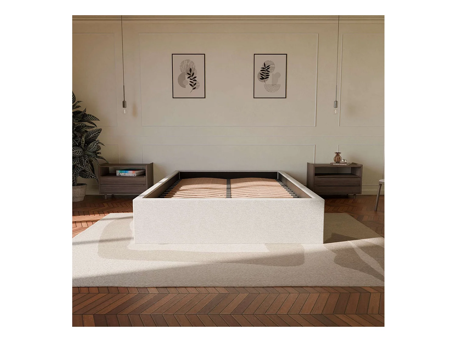 Lit coffre et tissu chiné beige 180x200 cm