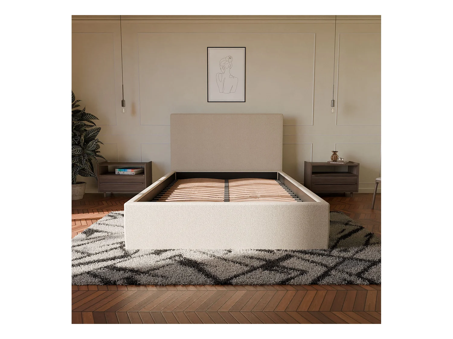 Lit coffre et tissu chiné blanc 140x190 cm