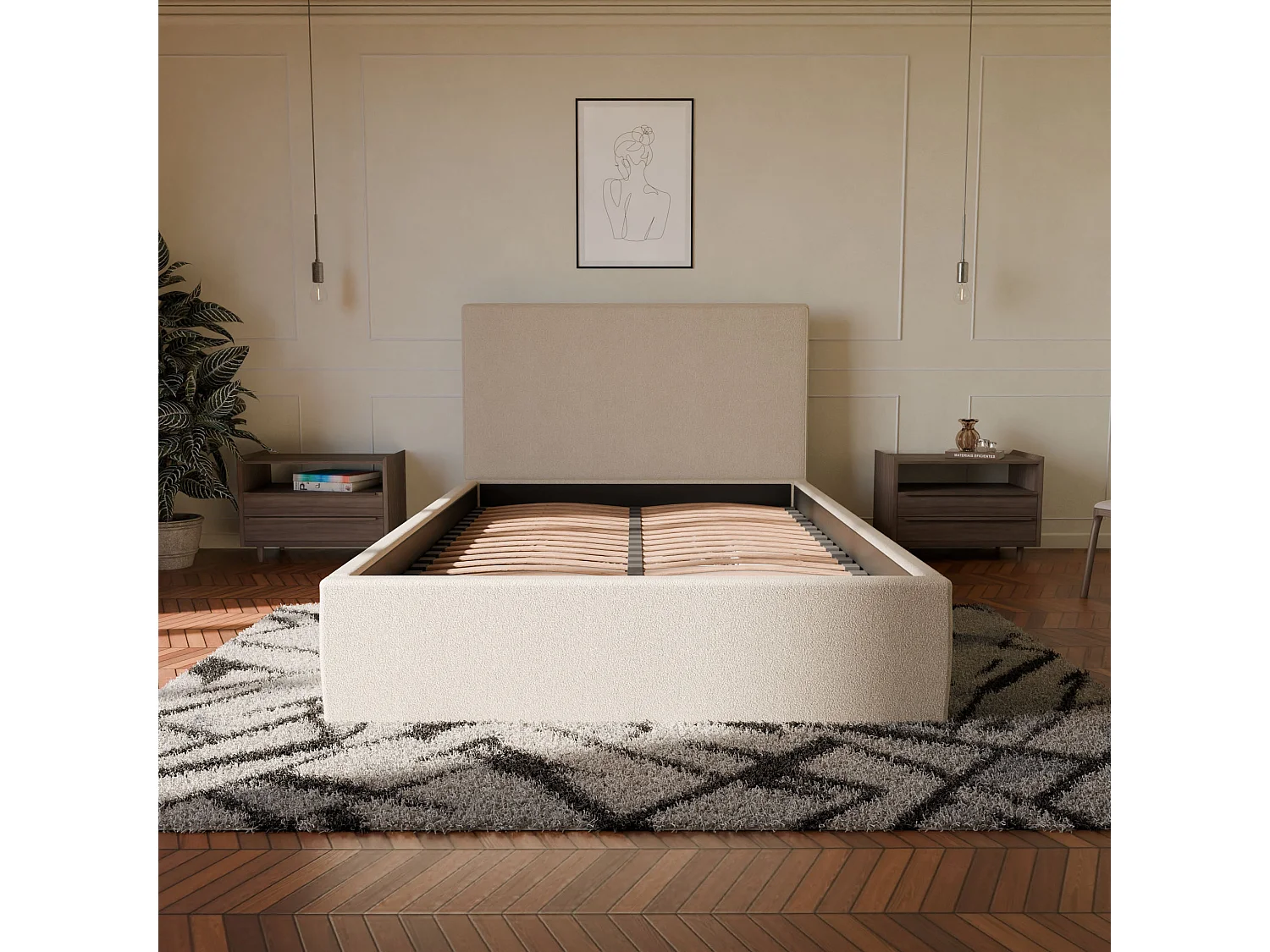 Lit coffre avec tête en tissu bouclé blanc 140x190 cm