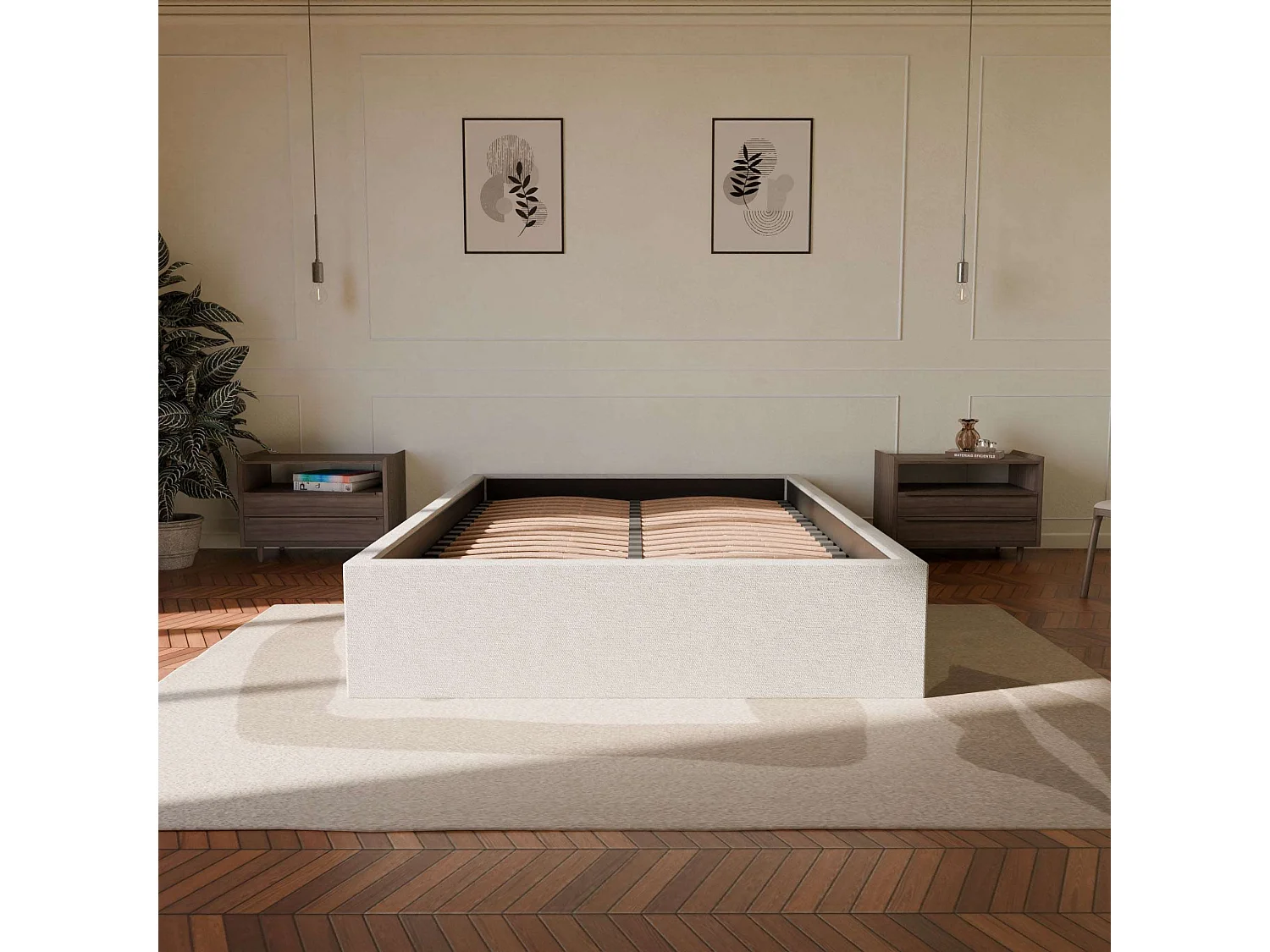 Lit coffre avec tête en tissu bouclé blanc 140x190 cm