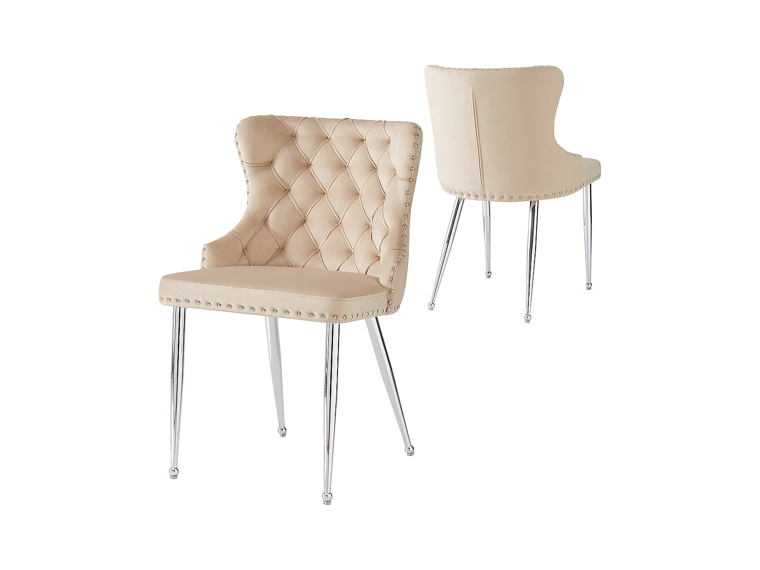 Lot de 2 chaises en velours beige avec les détails cloutés, pieds en métal argenté