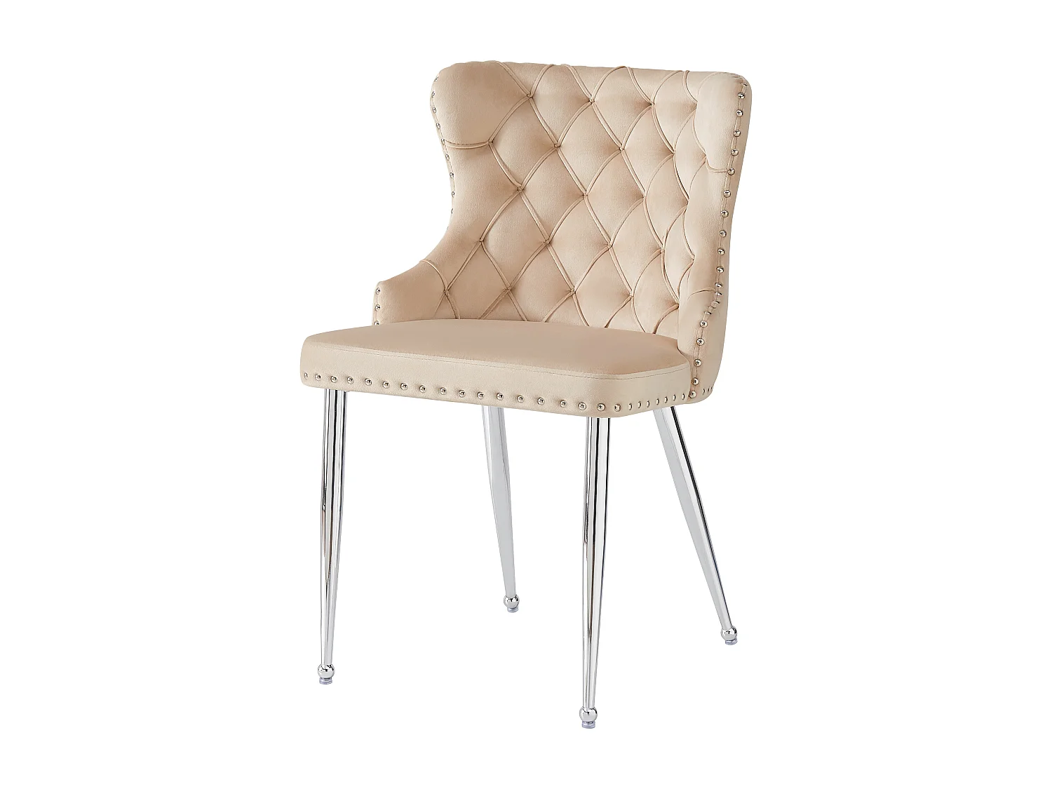 Lot de 2 chaises en velours beige avec les détails cloutés, pieds en métal argenté