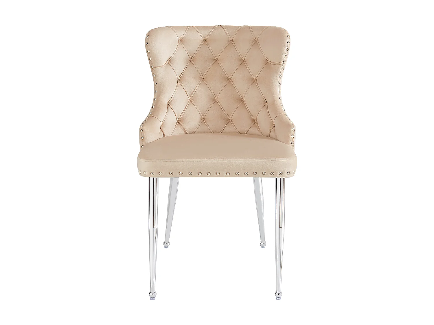 Lot de 2 chaises en velours beige avec les détails cloutés, pieds en métal argenté