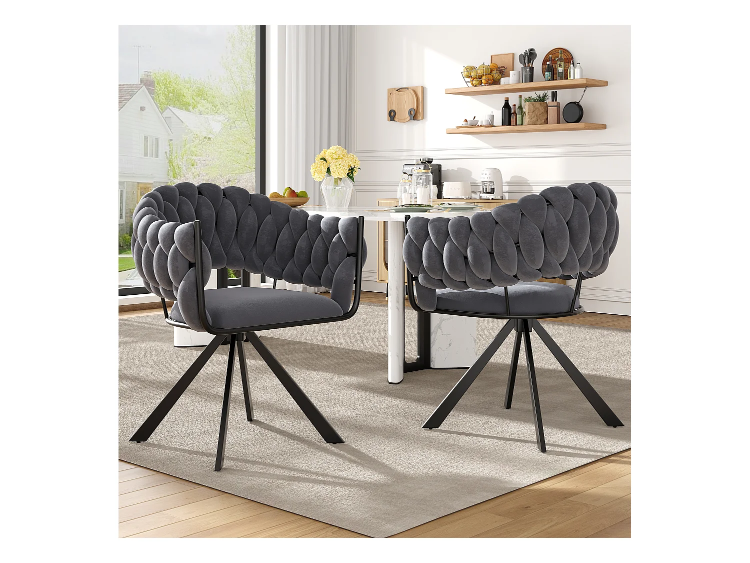 Lot de 2 chaises en velours gris, pieds en métal noir en forme de griffe