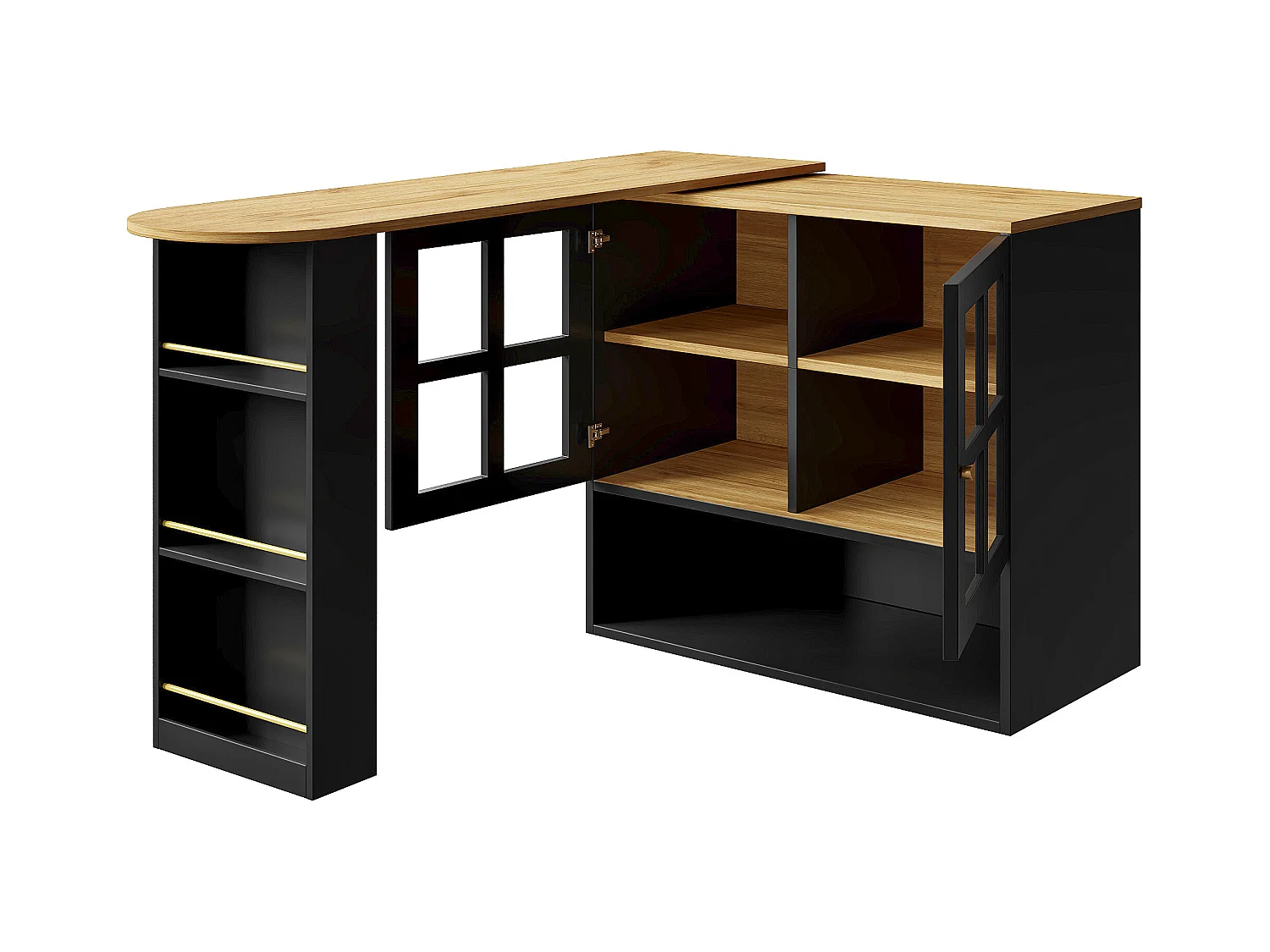Meuble de bar pivotant avec 2 portes en verre et 1 niche, corps Noir, plateau en placage woodgrain - 204x39x102.5cm