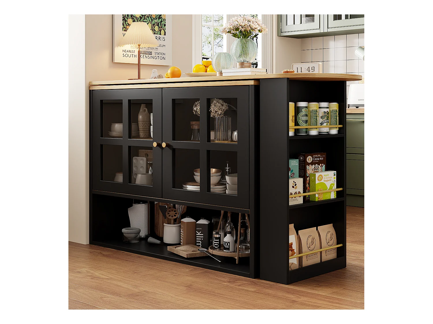 Meuble de bar pivotant avec 2 portes en verre et 1 niche, corps Noir, plateau en placage woodgrain - 204x39x102.5cm