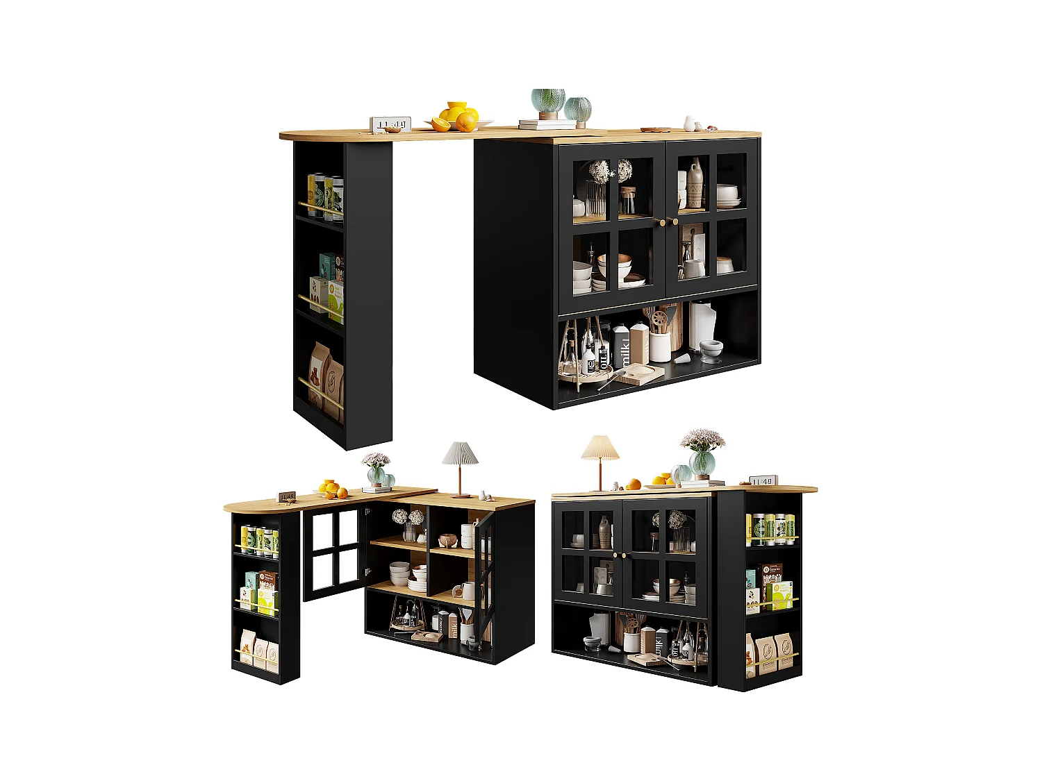 Meuble de bar pivotant avec 2 portes en verre et 1 niche, corps Noir, plateau en placage woodgrain - 204x39x102.5cm