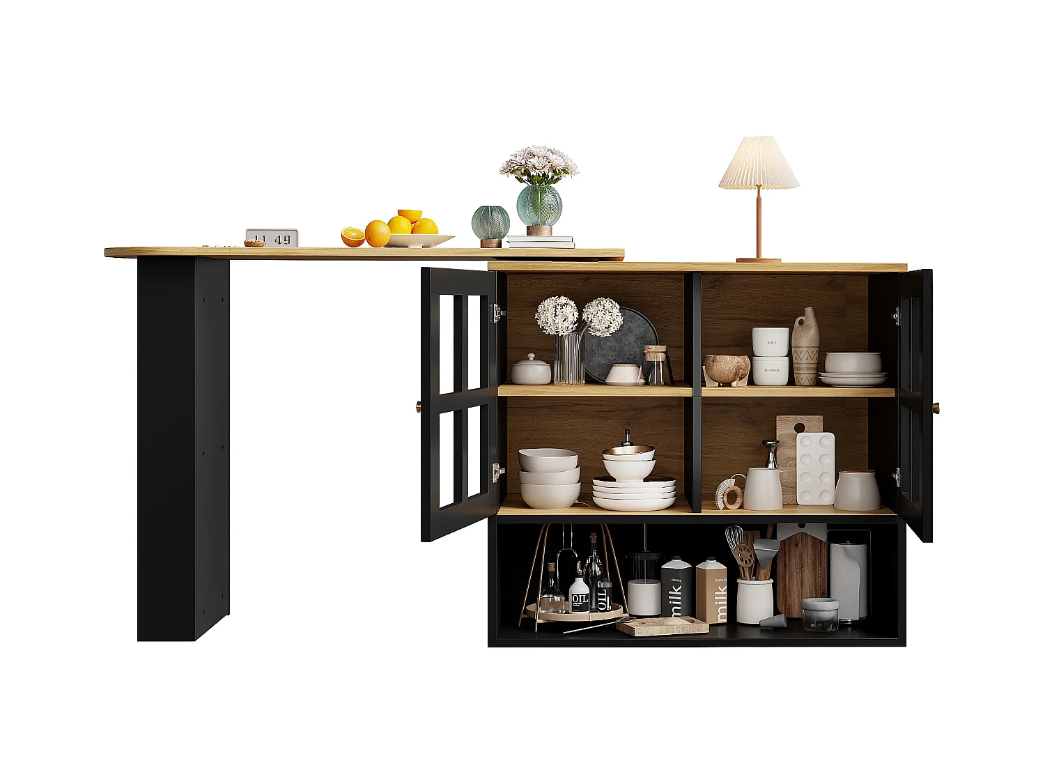 Meuble de bar pivotant avec 2 portes en verre et 1 niche, corps Noir, plateau en placage woodgrain - 204x39x102.5cm