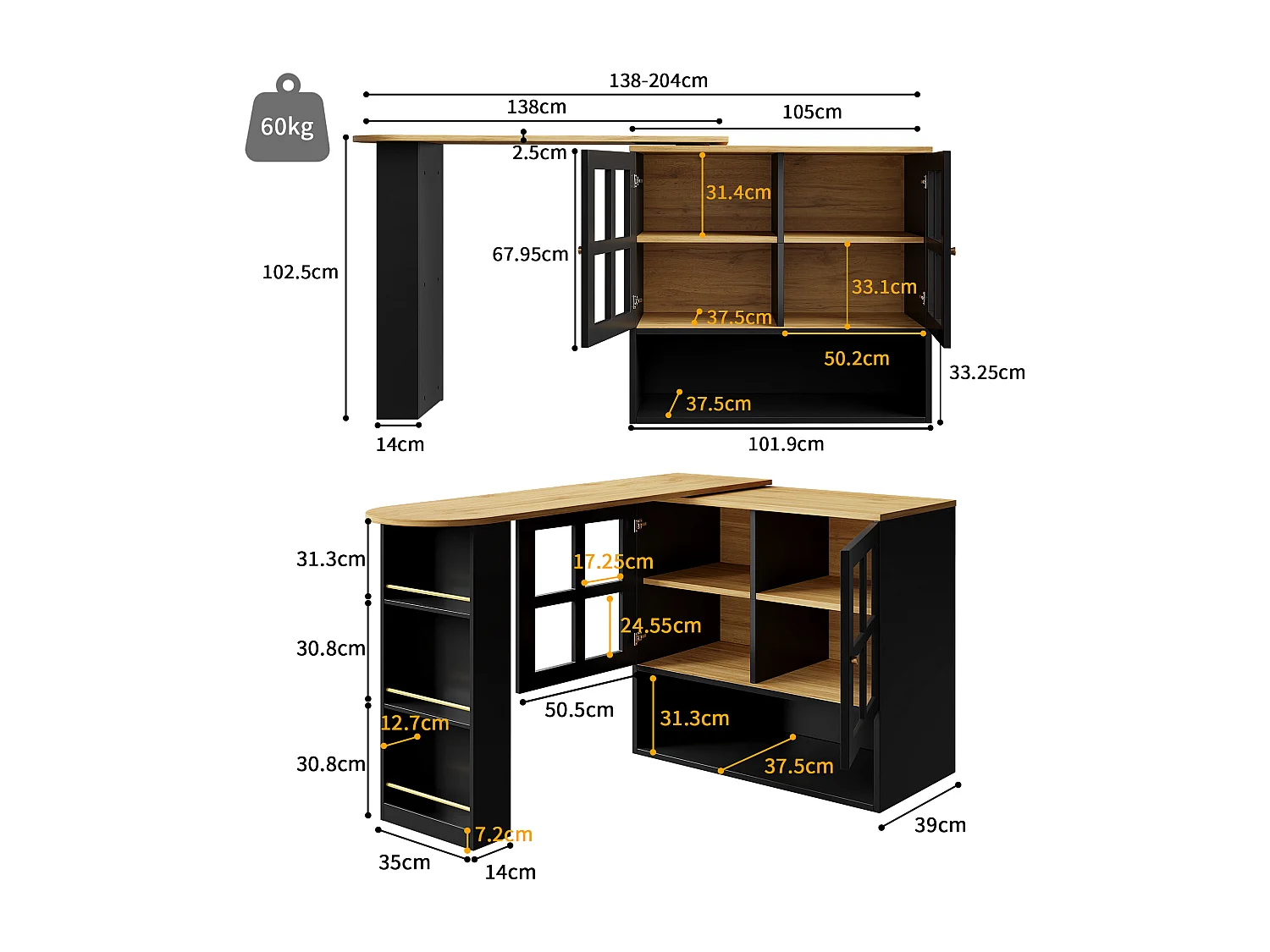 Mobile bar girevole con 2 ante in vetro e 1 nicchia, corpo nero, piano impiallacciato effetto legno - 204x39x102,5 cm