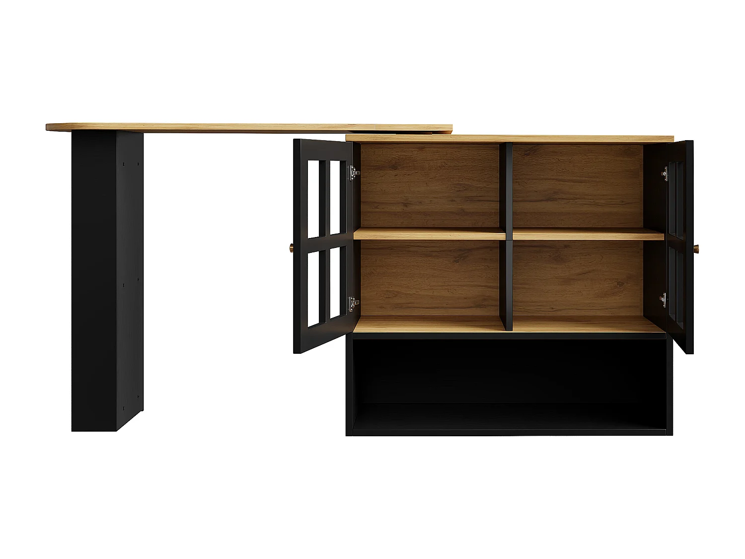 Mobile bar girevole con 2 ante in vetro e 1 nicchia, corpo nero, piano impiallacciato effetto legno - 204x39x102,5 cm