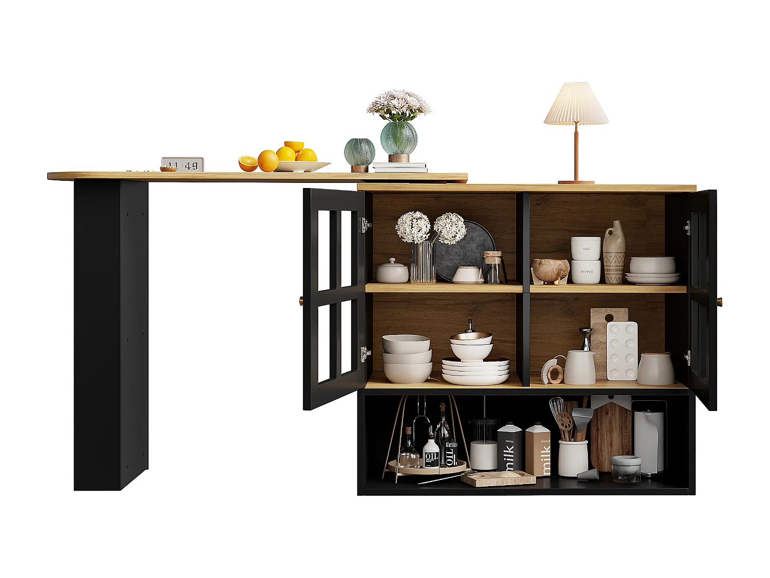 Mobile bar girevole con 2 ante in vetro e 1 nicchia, corpo nero, piano impiallacciato effetto legno - 204x39x102,5 cm