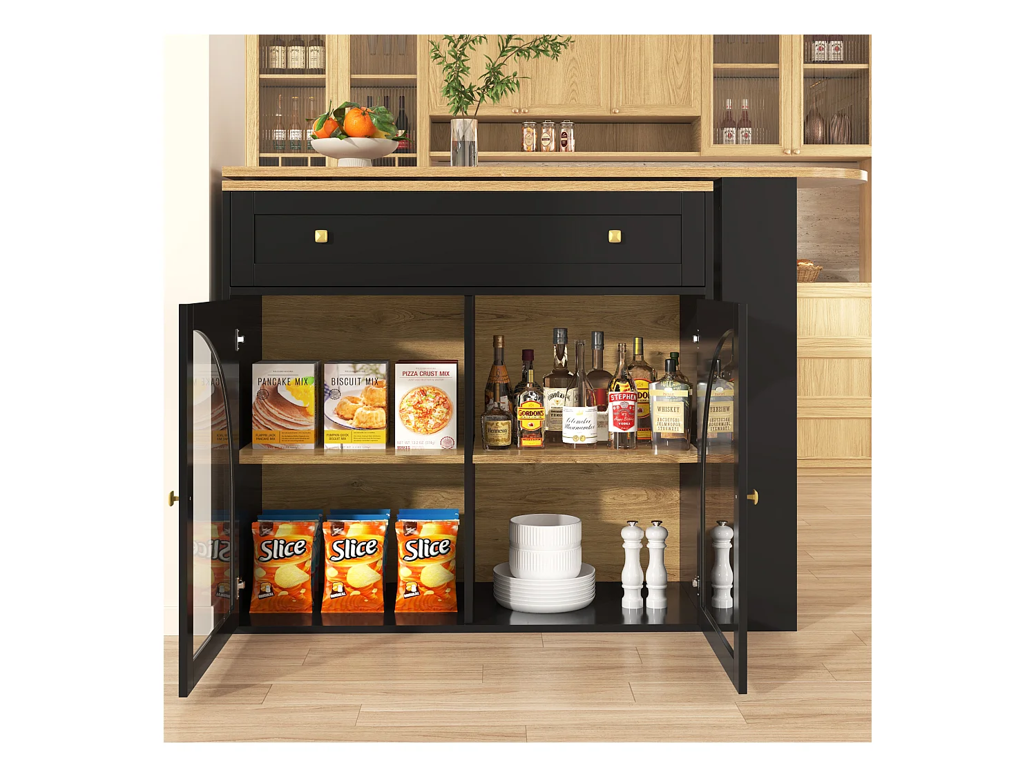 Meuble de bar pivotant avec 1 tiroir large et 2 portes en verre, corps noir, étagères inclus - 204x39x104cm