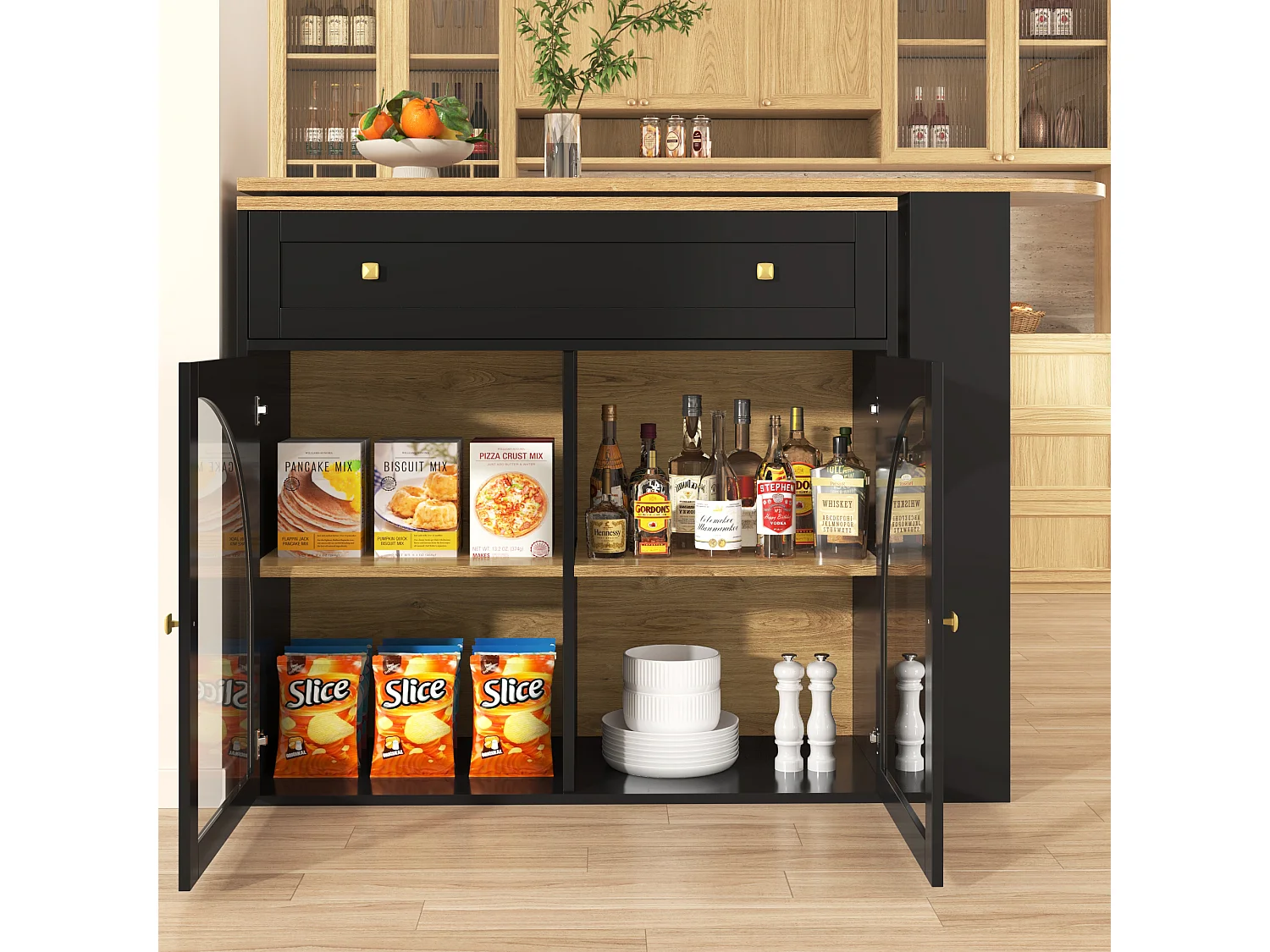 Meuble de bar pivotant avec 1 tiroir large et 2 portes en verre, corps noir, étagères inclus - 204x39x104cm