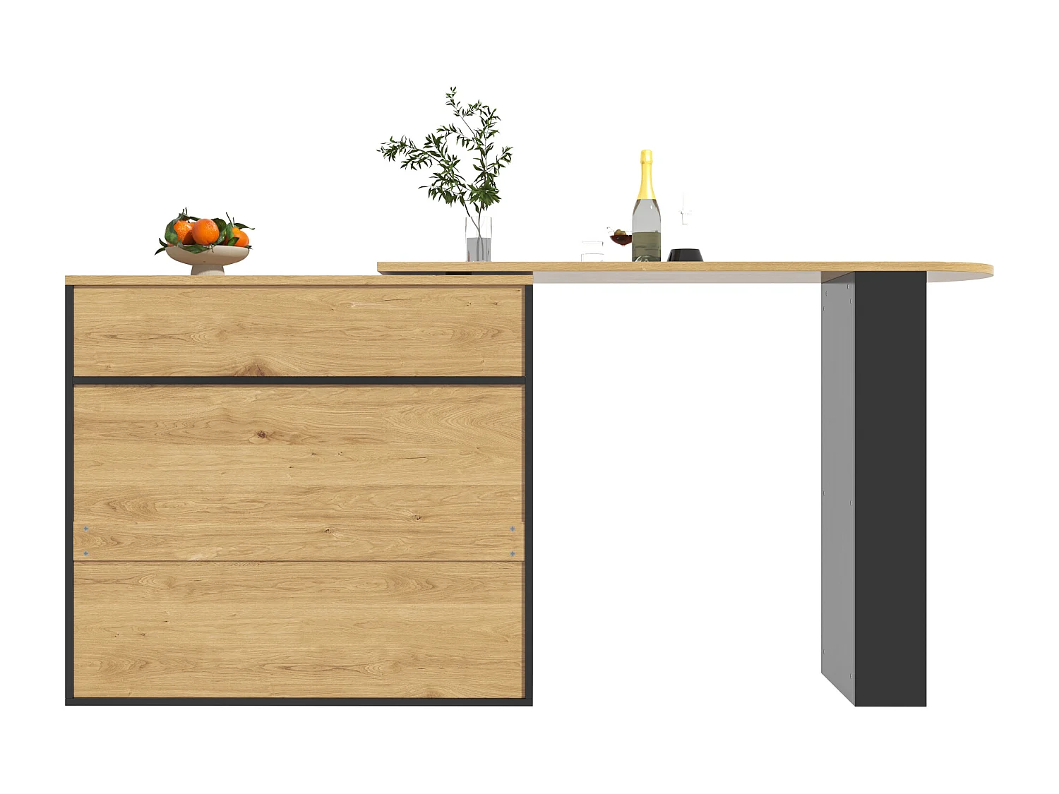 Meuble de bar pivotant avec 1 tiroir large et 2 portes en verre, corps noir, étagères inclus - 204x39x104cm