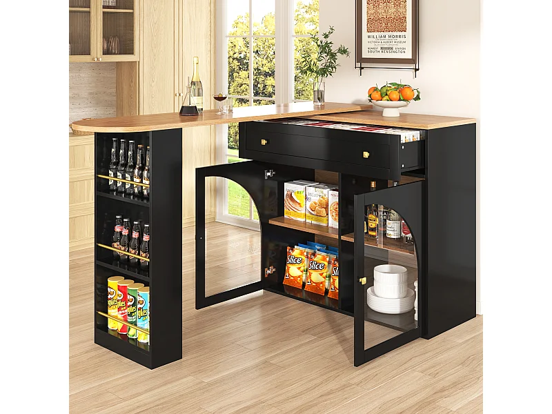 Meuble de bar pivotant avec 1 tiroir large et 2 portes en verre, corps noir, étagères inclus - 204x39x104cm