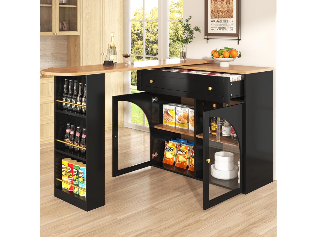 Mueble bar giratorio con 1 cajón ancho y 2 puertas de cristal, cuerpo negro, estantes incluidos - 204x39x104cm