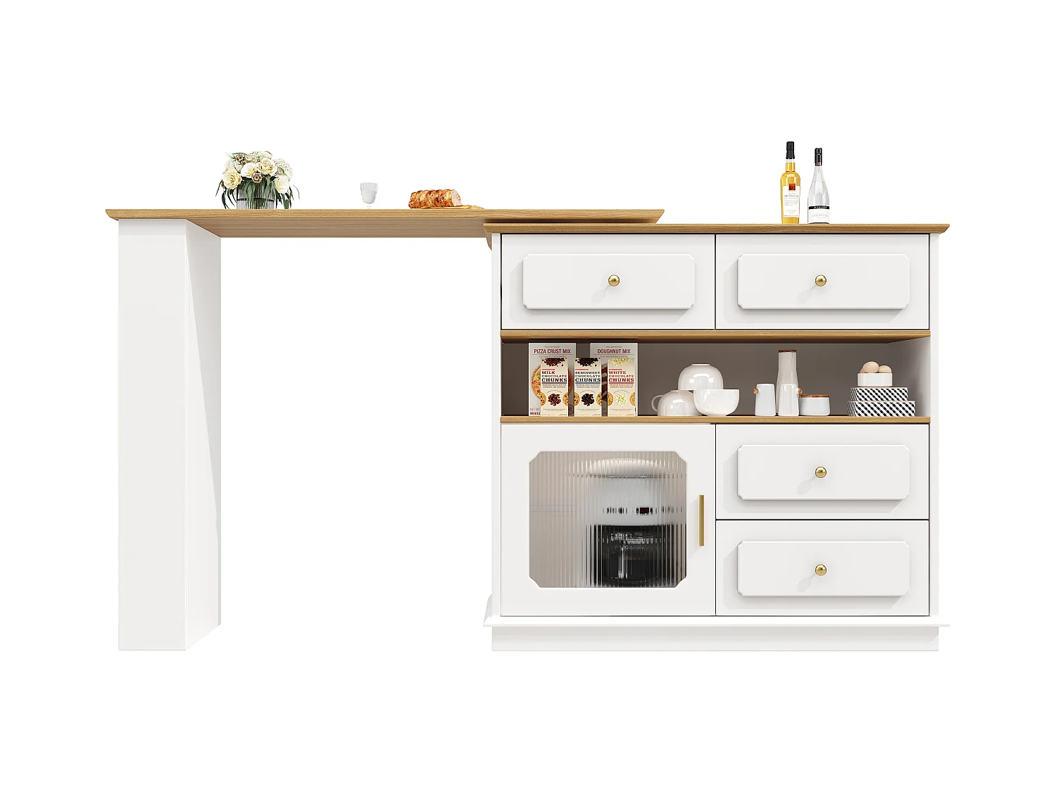 Meuble de bar pivotant avec 1 porte en verre, 1 niche et 4 tiroirs, corps blanc, étagères inclus - 181x39x104.5cm