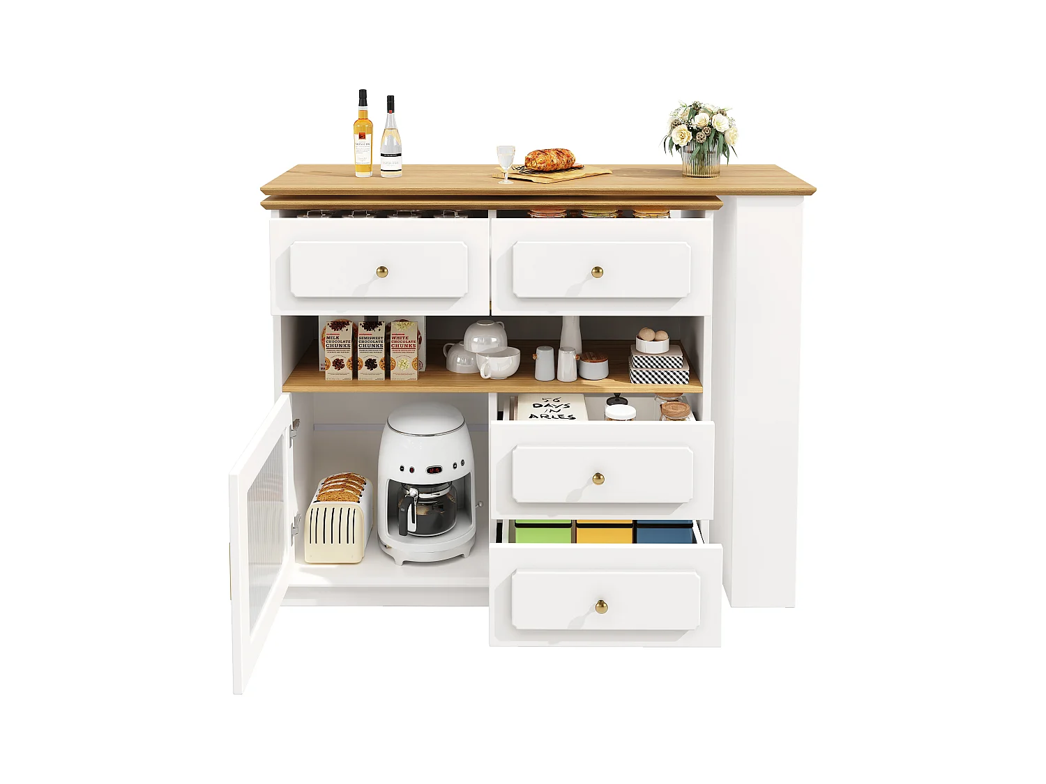 Meuble de bar pivotant avec 1 porte en verre, 1 niche et 4 tiroirs, corps blanc, étagères inclus - 181x39x104.5cm