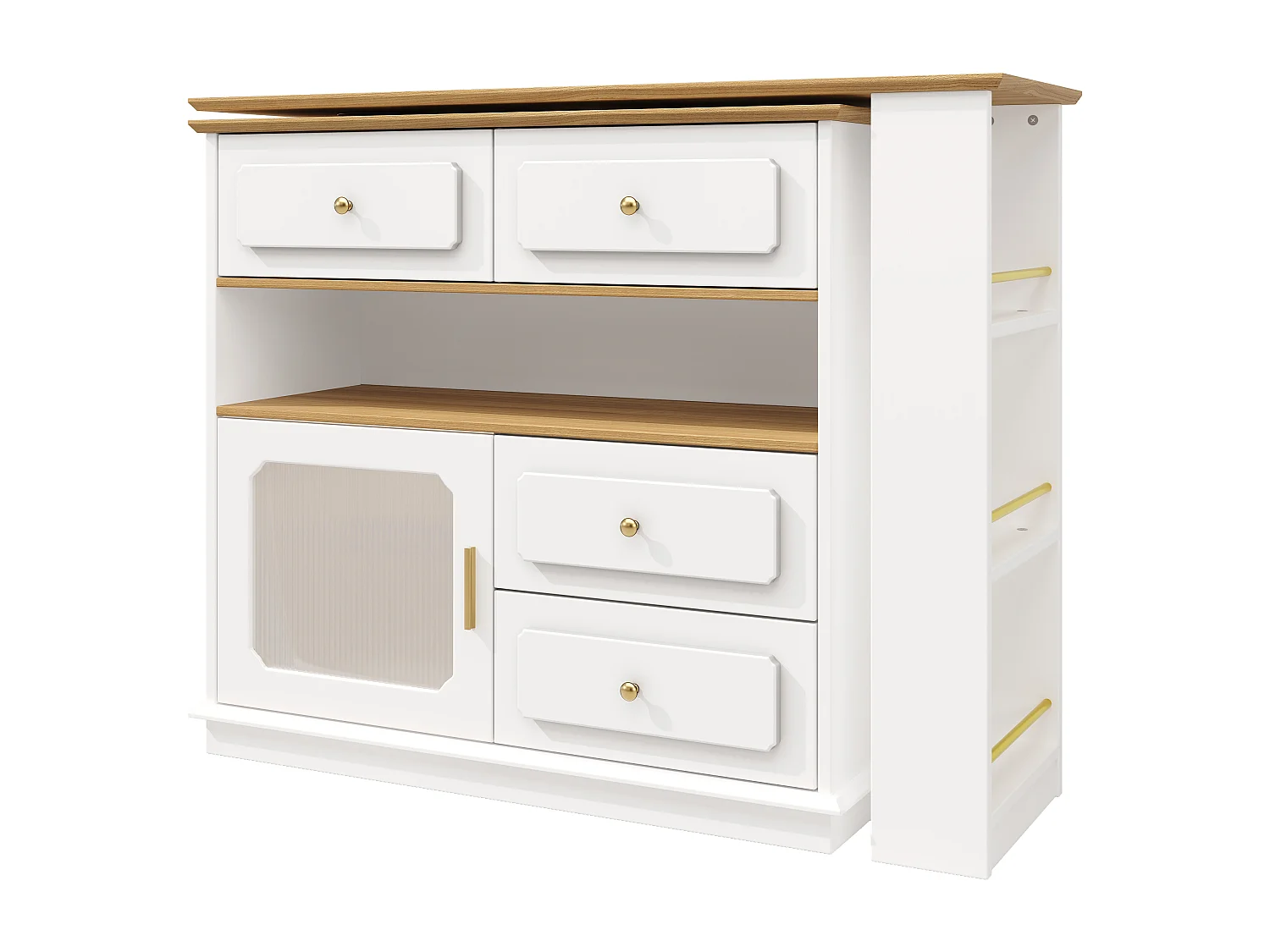 Mueble bar giratorio con 1 puerta de cristal, 1 nicho y 4 cajones, cuerpo blanco, estantes incluidos - 181x39x104,5cm