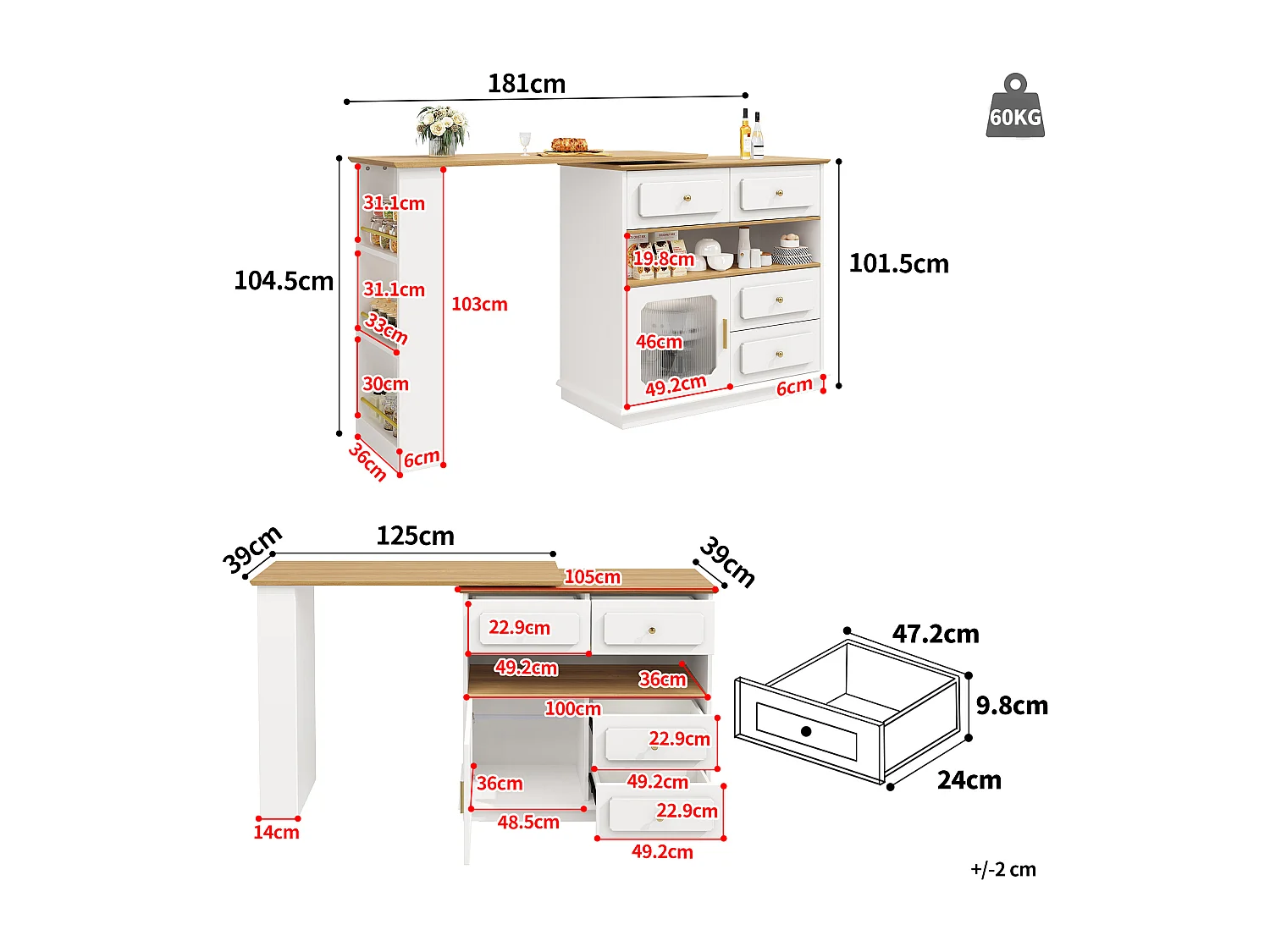 Mueble bar giratorio con 1 puerta de cristal, 1 nicho y 4 cajones, cuerpo blanco, estantes incluidos - 181x39x104,5cm