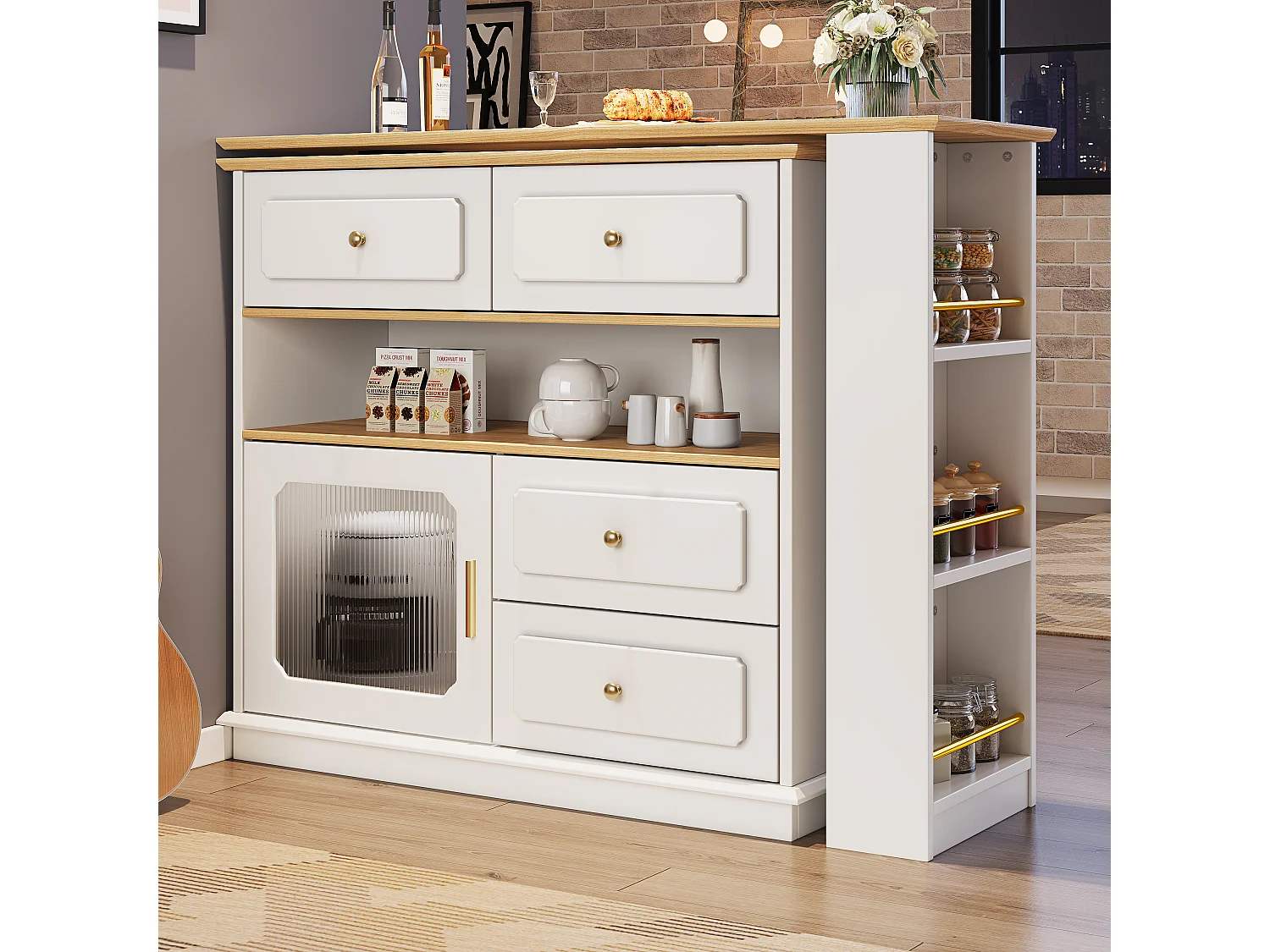 Mueble bar giratorio con 1 puerta de cristal, 1 nicho y 4 cajones, cuerpo blanco, estantes incluidos - 181x39x104,5cm