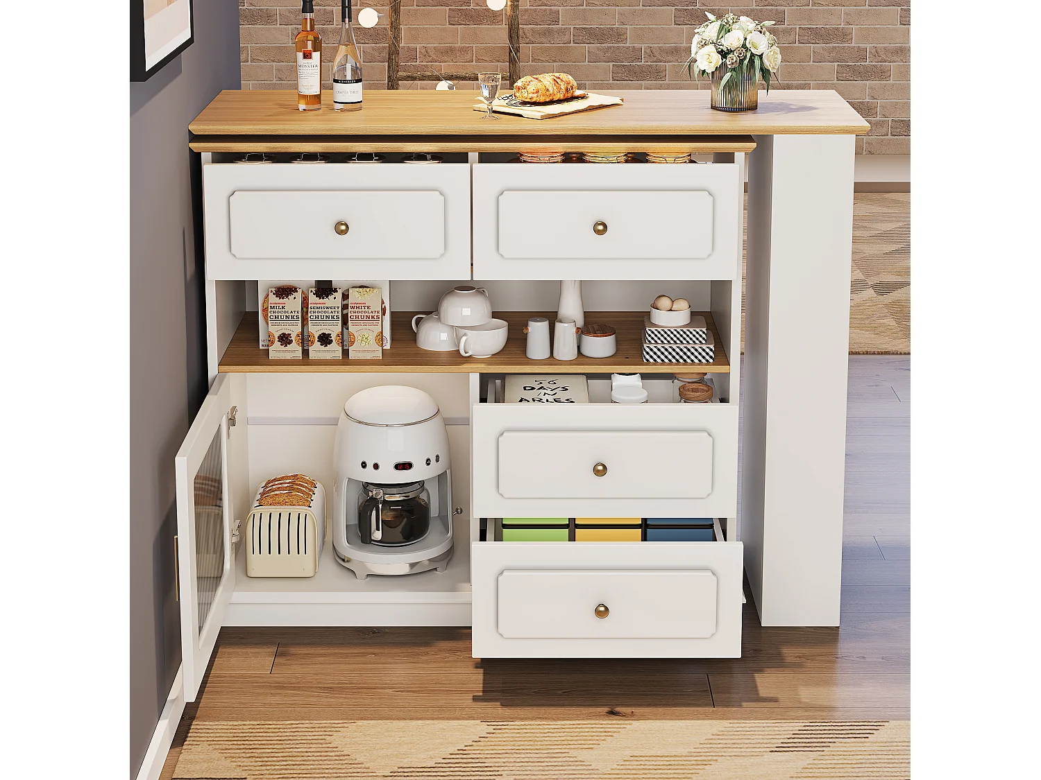 Mueble bar giratorio con 1 puerta de cristal, 1 nicho y 4 cajones, cuerpo blanco, estantes incluidos - 181x39x104,5cm