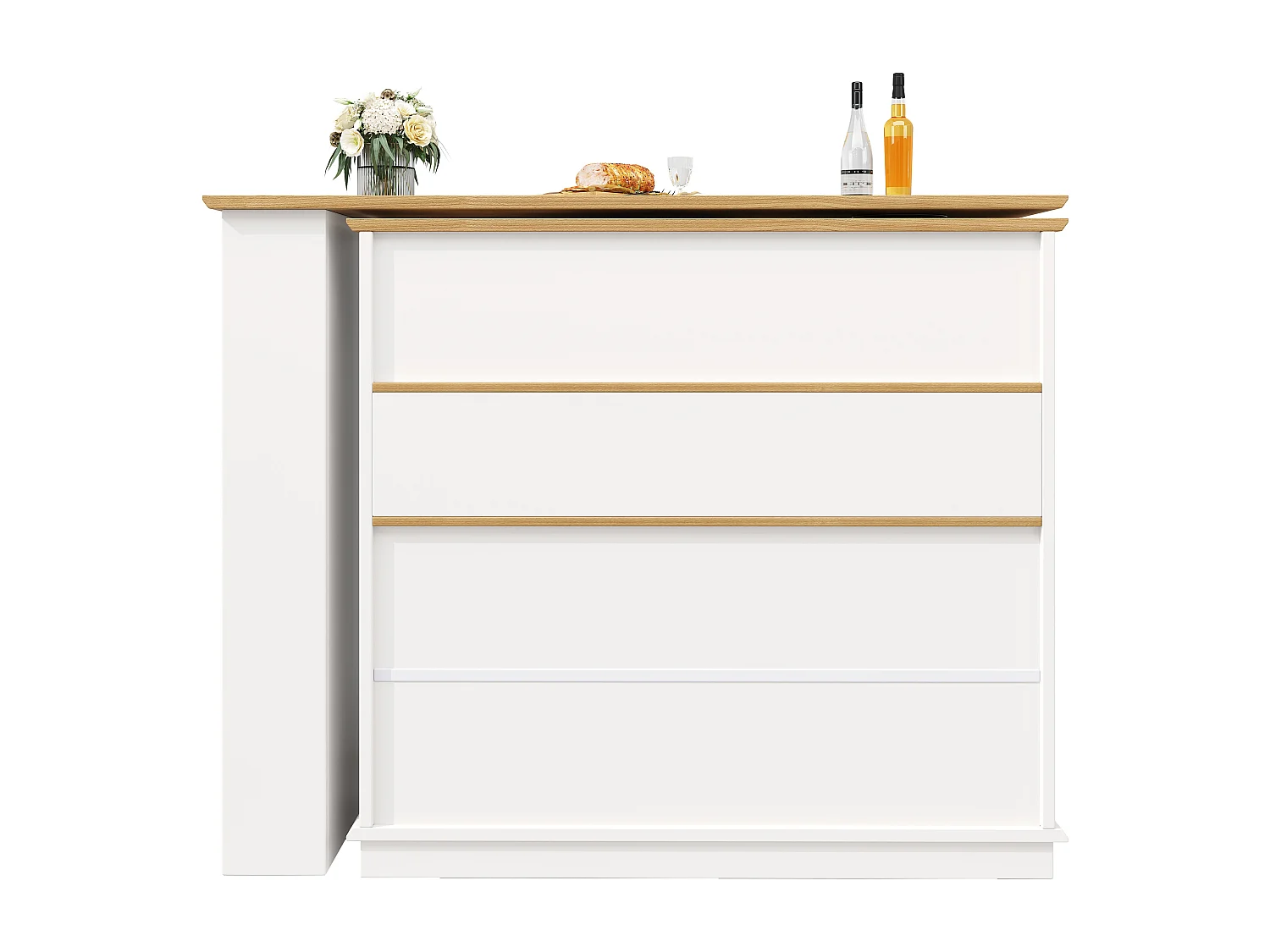 Mueble bar giratorio con 1 puerta de cristal, 1 nicho y 4 cajones, cuerpo blanco, estantes incluidos - 181x39x104,5cm