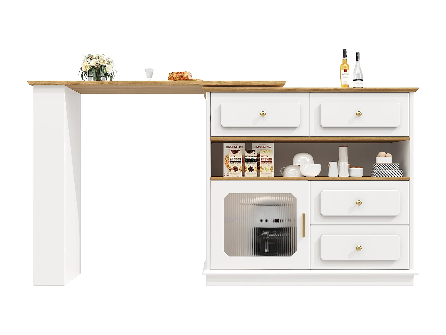 Mueble bar giratorio con 1 puerta de cristal, 1 nicho y 4 cajones, cuerpo blanco, estantes incluidos - 181x39x104,5cm